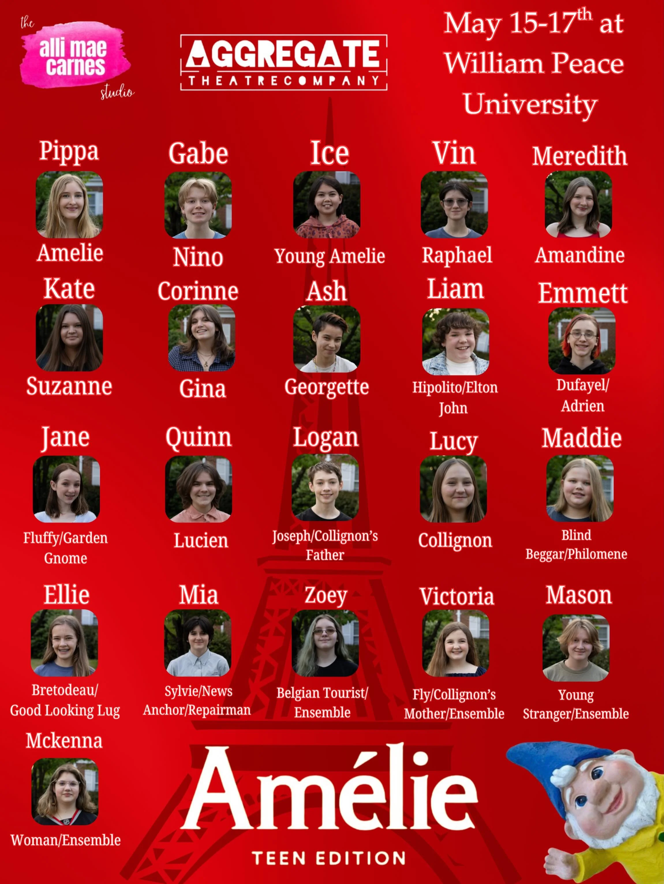 Amelie opens THIS FRIDAY! Come see this amazing cast! Tickets at AlliMaeCarnes.com/showtickets ❤️