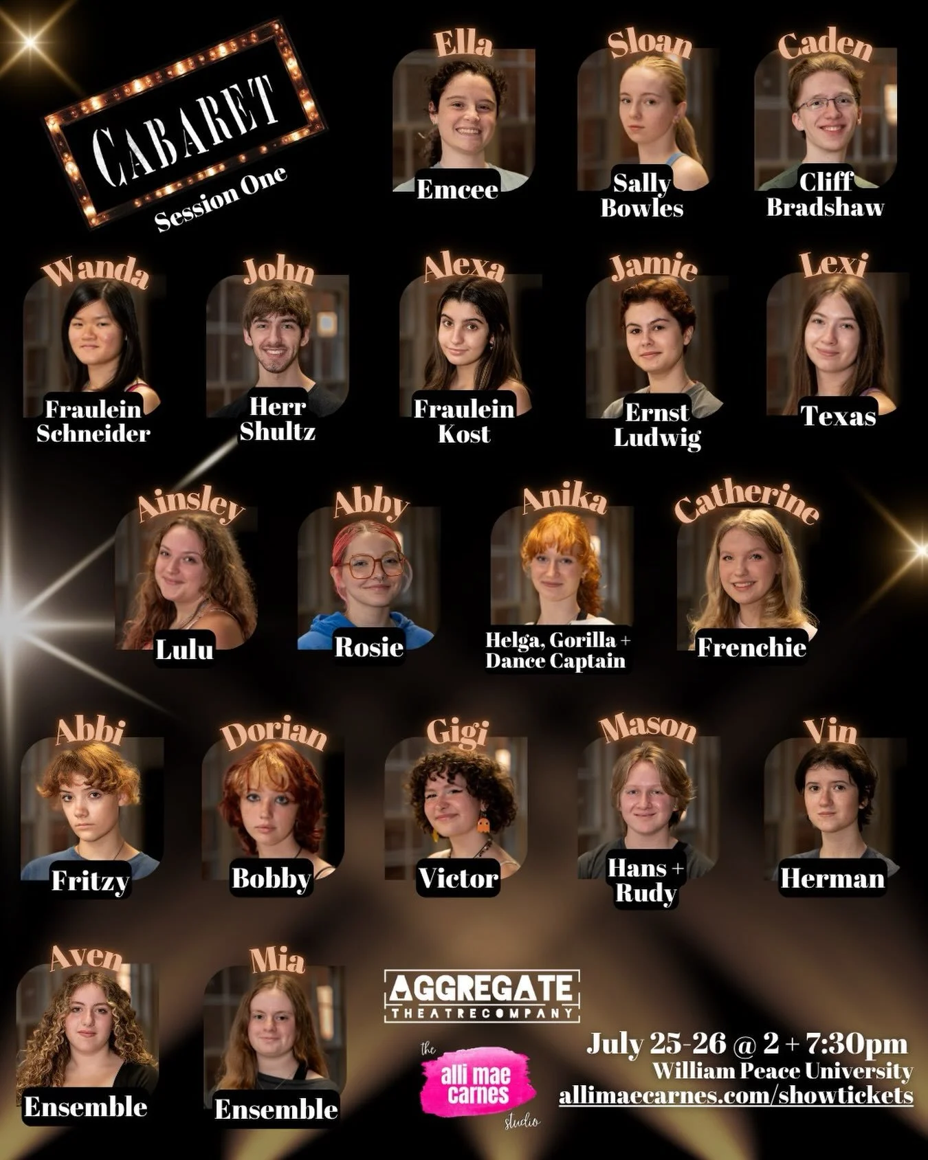 Come see this amazing cast NEXT WEEKEND! 

🖤 July 25 &amp; 26 @ 2pm &amp; 7:30pm
📍 William Peace University, Leggett Theatre
🎟️ AlliMaeCarnes.com/showtickets 

Seating is limited &mdash; come visit the Kit Kat Club 💃🏼

📸: @ozimagesphotography