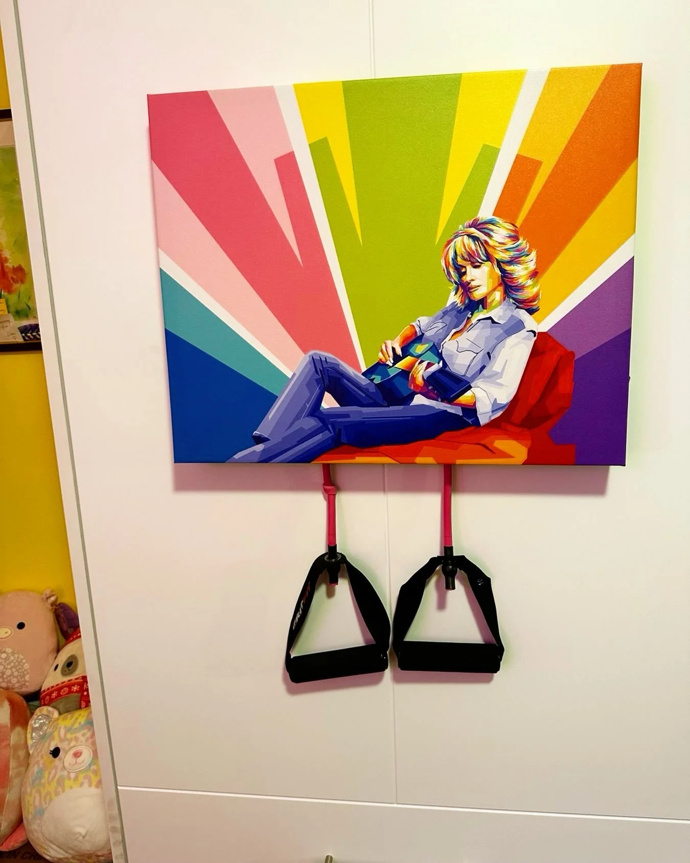 My students have come in week by week to this painting hung up along with a candle with Dolly&rsquo;s face on it for the last 3 years. I had this made in 2022 because my studio is full of things that bring me and others joy: pride flag, rainbows, neo