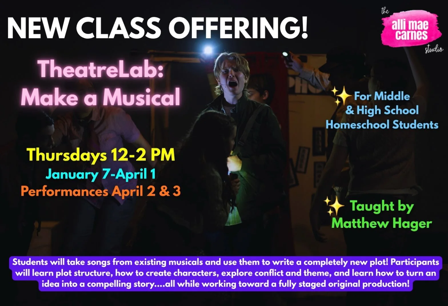 Another day...Another new class!

🎭 TheatreLab: Make a Musical

📅 Thursdays&nbsp;12&ndash;2 PM, beginning&nbsp;January 7 [Final performances April 2 + 3]

👥 Middle &amp; High School, Homeschoolers

👨🏻&zwj;🏫 Taught by Matthew Hager 

🧡 Registra
