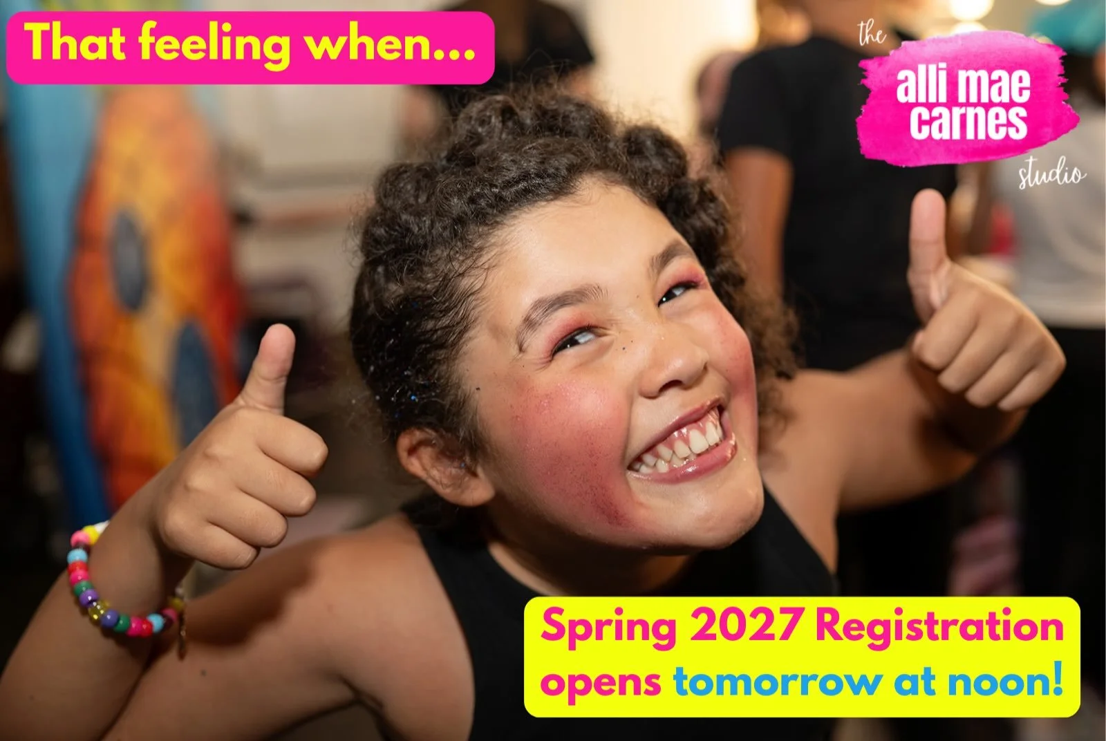 REMINDER: spring 2027 registration for all group classes (production AND technique) opens tomorrow at NOON (12pm)!!!! 🤸🏼&zwj;♀️🩷

NOTE: This does not include private lessons. Please talk to your teacher about their schedule for next semester!