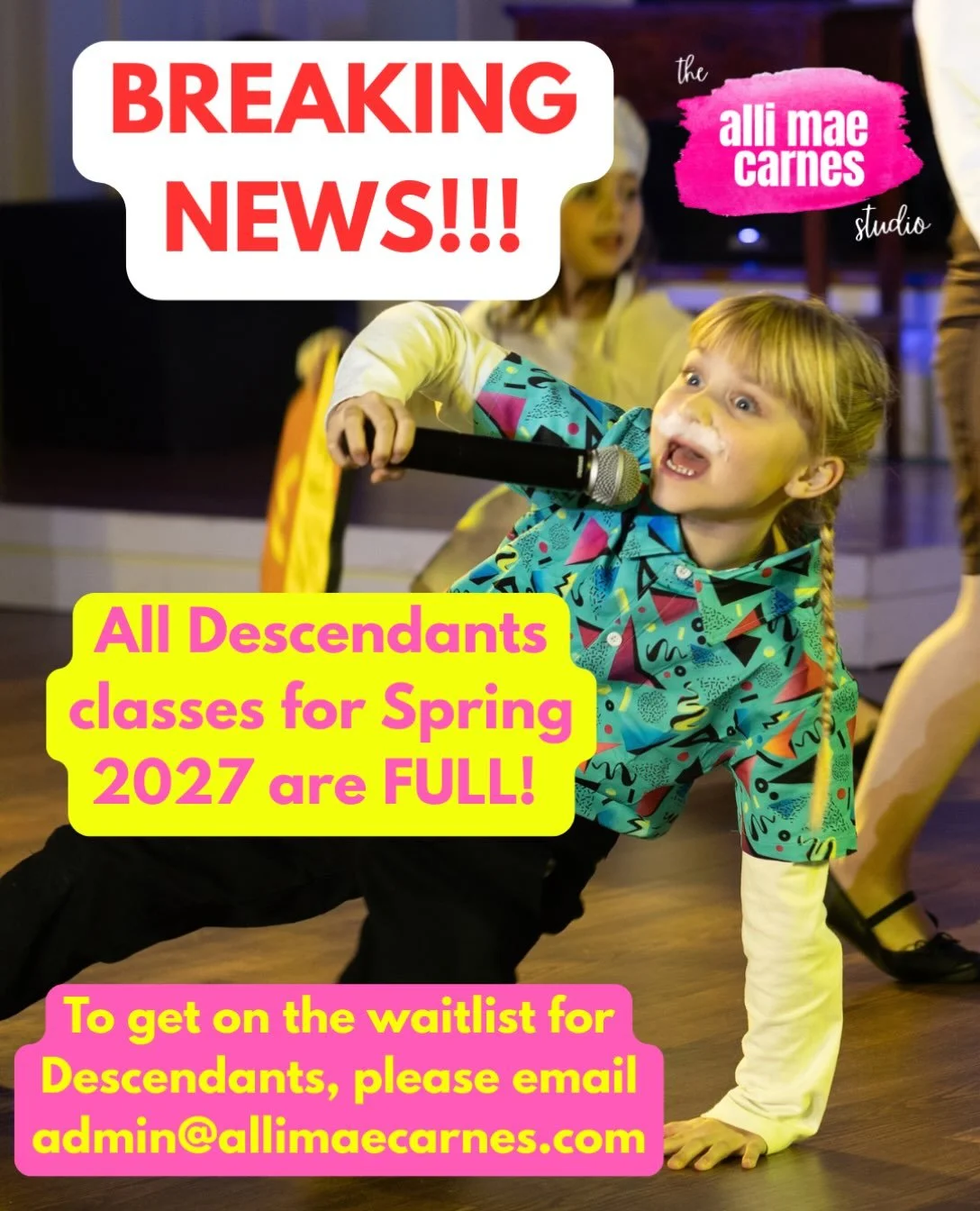 Our Descendants classes filled up in less than 3 hours! Y&rsquo;all set a record! 🤣 To get on the waitlist for these classes, please email AMCS Managing Director, Abi, at admin@allimaecarnes.com ✨

Check out our other classes! 
🎭 TheatreLab: Make a
