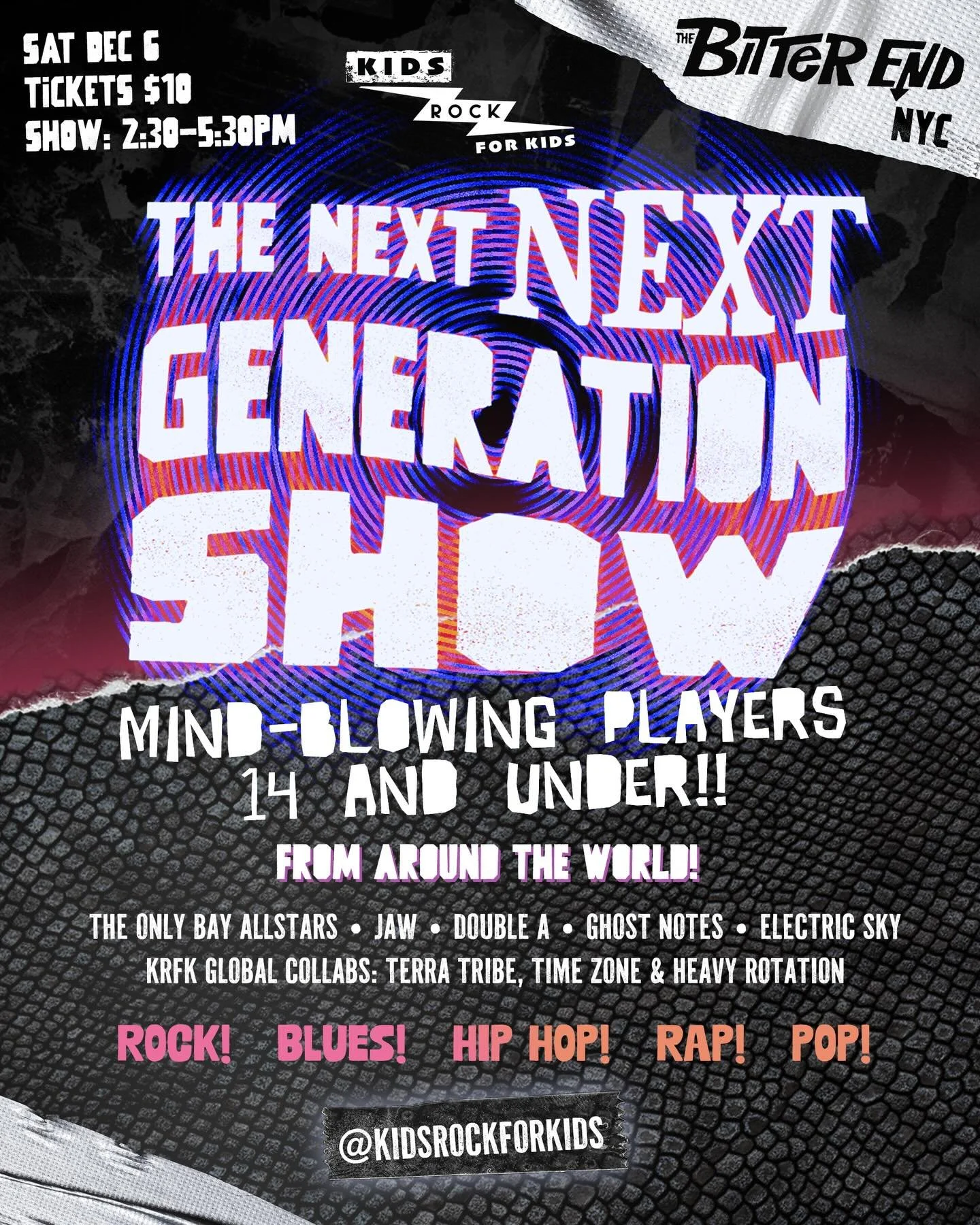 Rockers under 14 YEARS OLD are ready to blow the roof off NYC&rsquo;s legendary @thebitterendnyc

SAT &bull; DEC 6
doors 2pm
music 2:30-5:30pm
All ages show &bull; tickets $10 &bull; link in bio

DO NOT MISS THIS ANNUAL SHOW!!

LOCAL BANDS:
@the_only