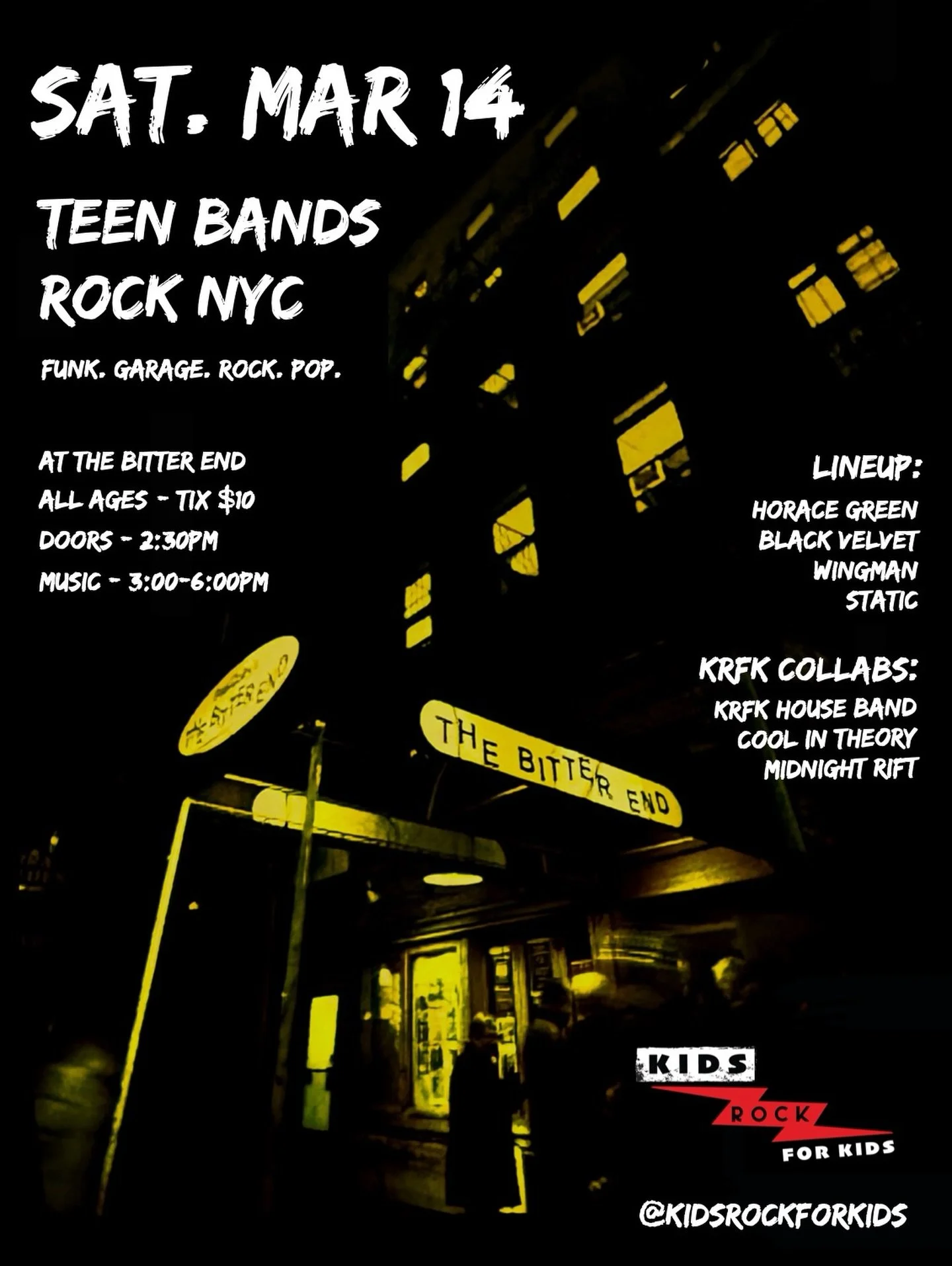 🤘⚡️NEXT SHOW ~ SATURDAY MAR 14th, 2026 ⚡️🤘

EVENT DETAILS:
	&bull;	Doors open: 2:30PM
	&bull;	Show: 3&ndash;6PM
	&bull;	All ages: $10
@thebitterendnyc 

🔗 ticket link in bio

BANDS:
Horace Green (NYC)
Black Velvet (NYC) (@yaffa_botier , @vinyachha