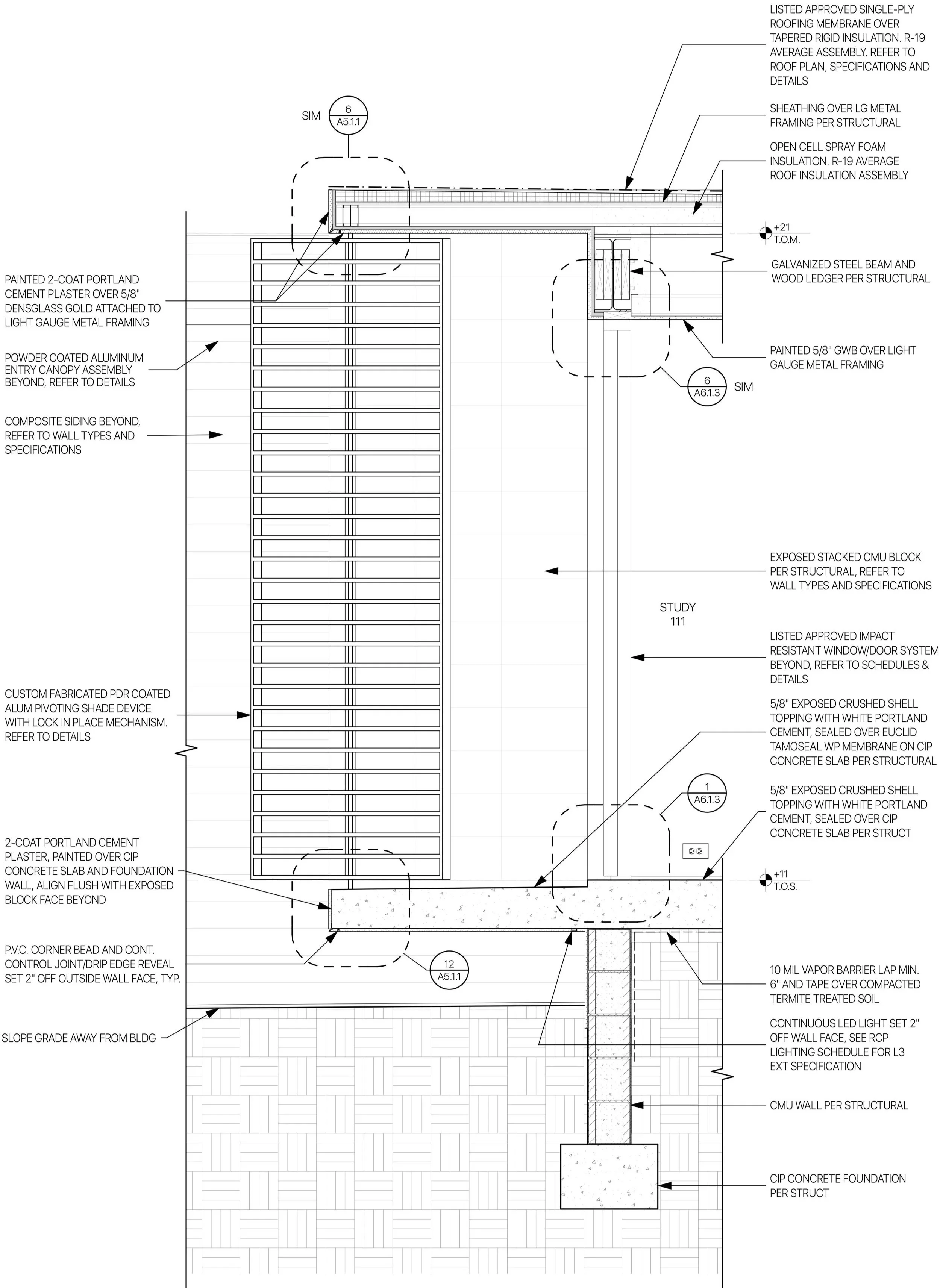 LS1 House architectural wall section showing structure, exterior screens, roofing, and building materials