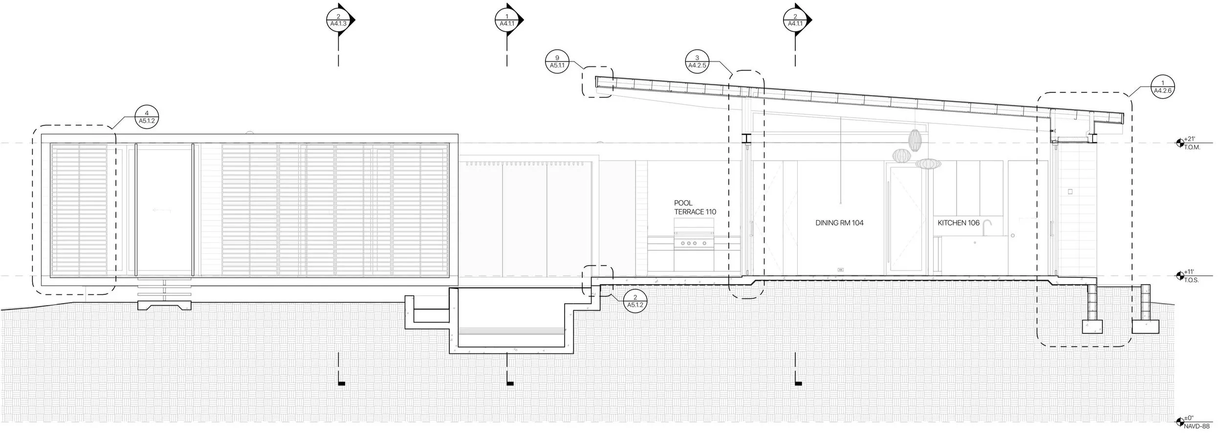 LS1 House architectural elevation and section showing the relationship between interior spaces, screens, roof, and pool terrace