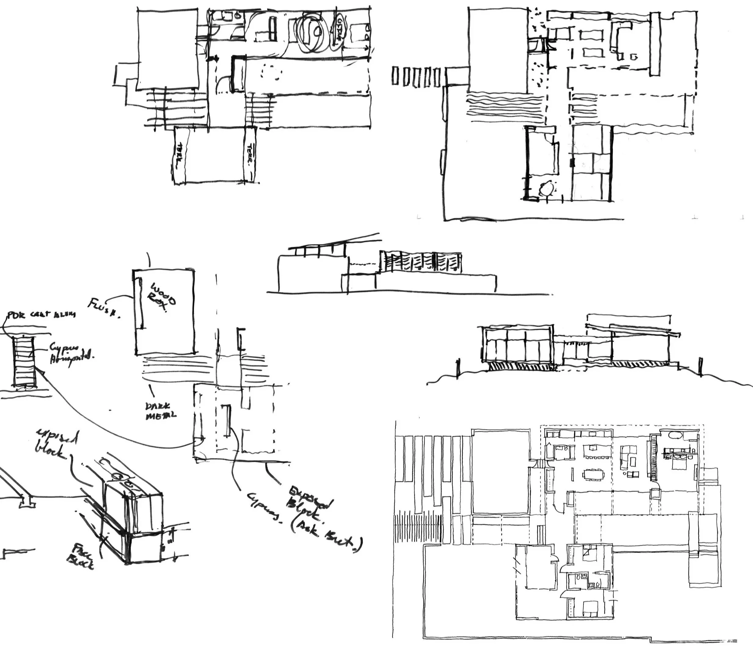 LS1 House early architectural sketches exploring the site plan, building volumes, and spatial organization