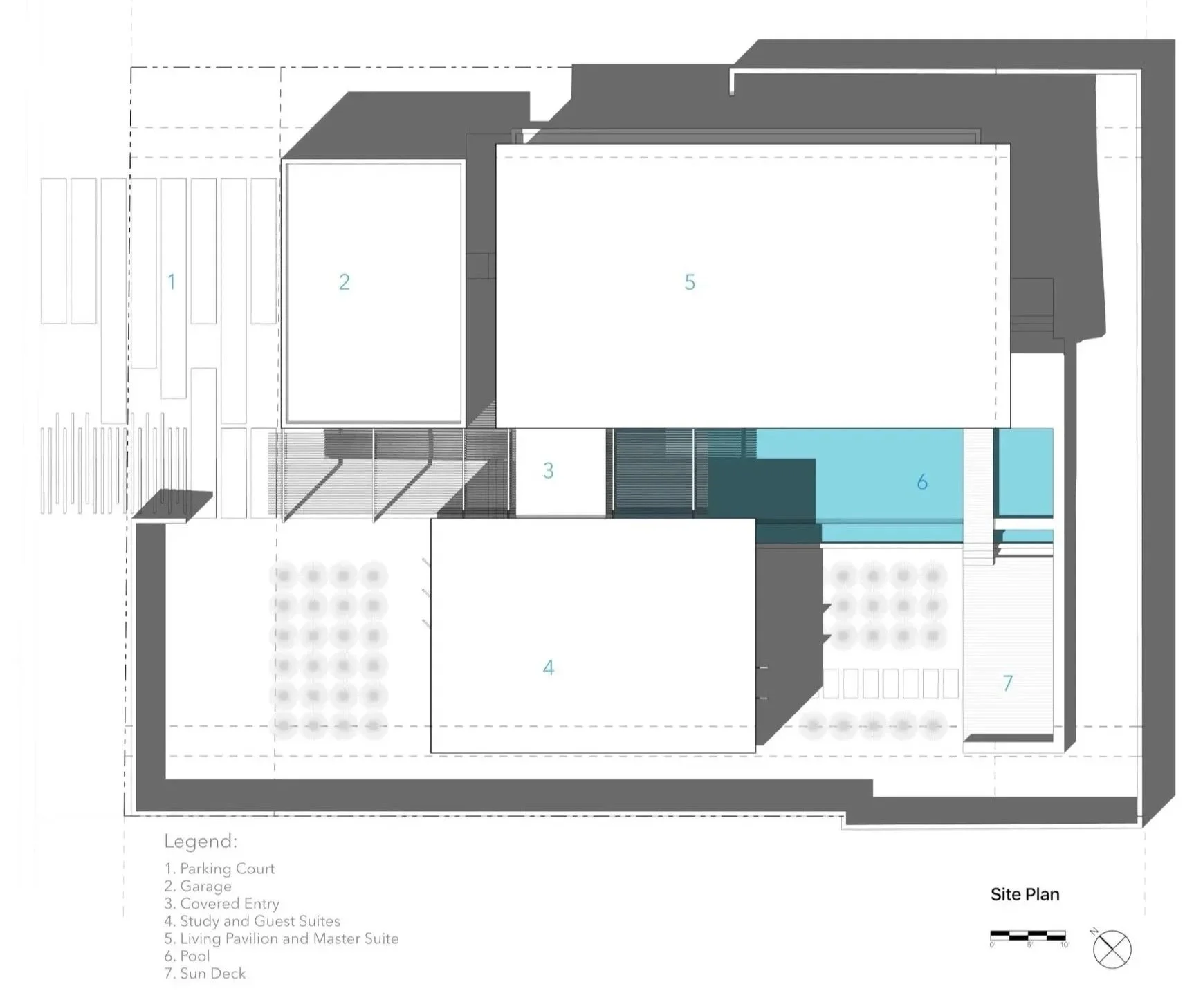 LS1 House site plan showing the organization of living spaces, pool, courtyard, entry, and landscape