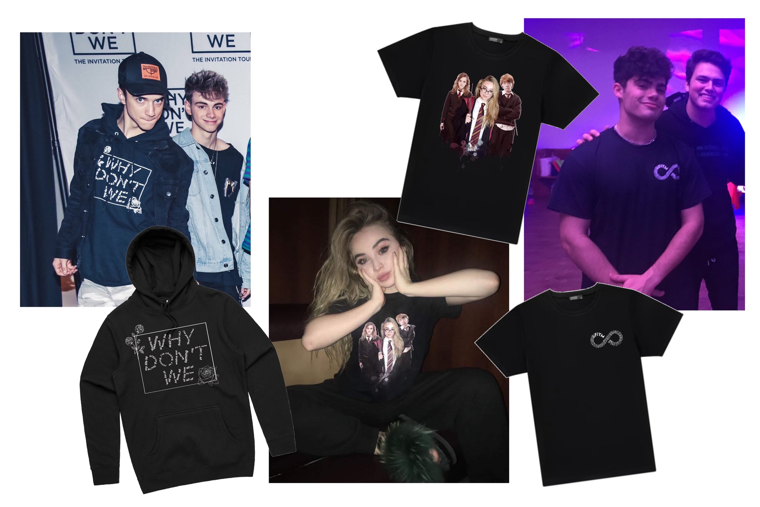 Collage of people wearing black and graphic T-shirts, some with characters from the Harry Potter series, and a black hoodie with the text "WHY DON'T WE" and floral design.