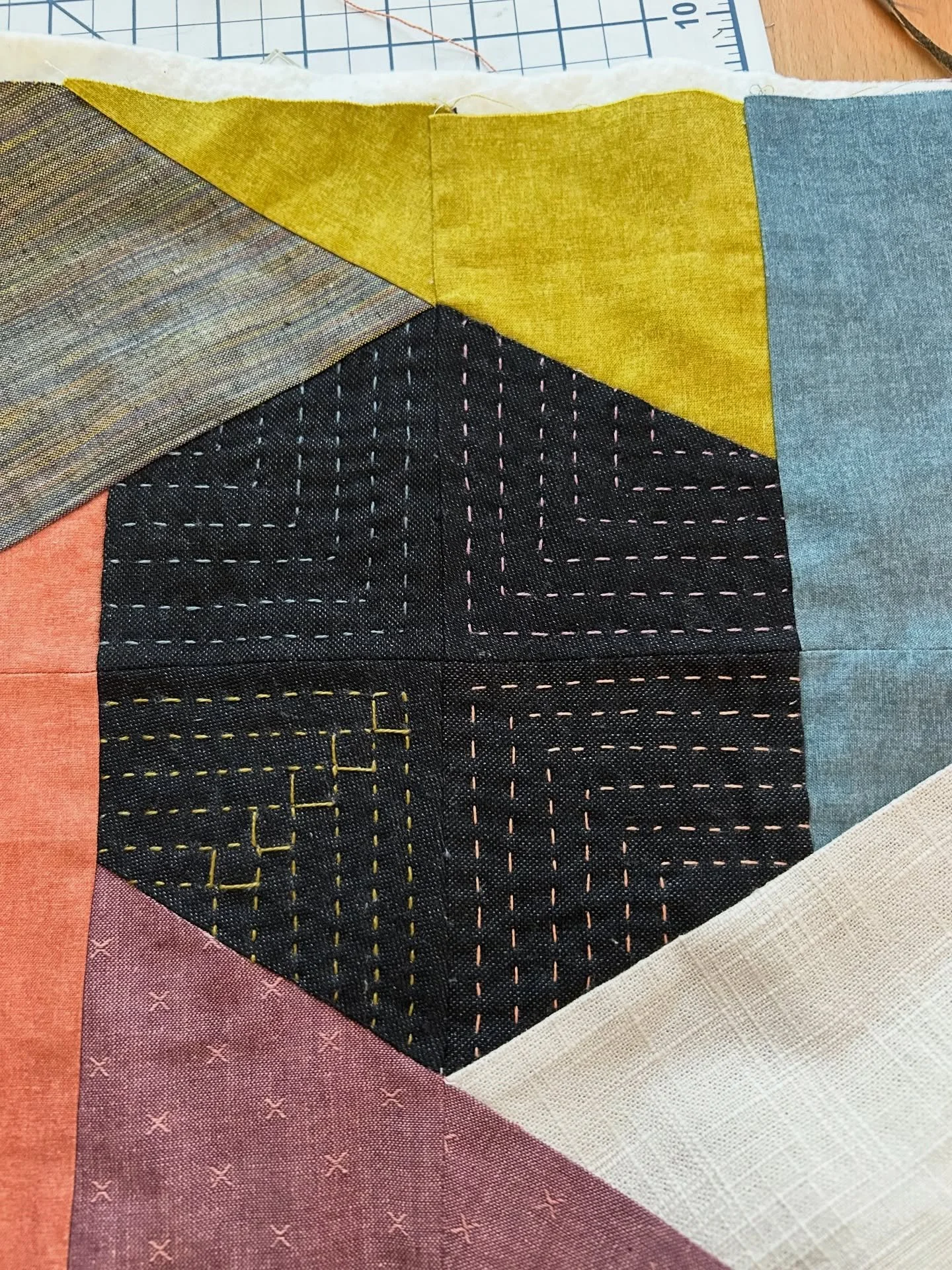 Remembering this hand quilting I added to this pretty block.  I used the Nouvel block pattern designed by my friend @tzitzi_bejarano, a paper piecing block she created for the @themqg sew along. 

You might have seen what I used this block for but if