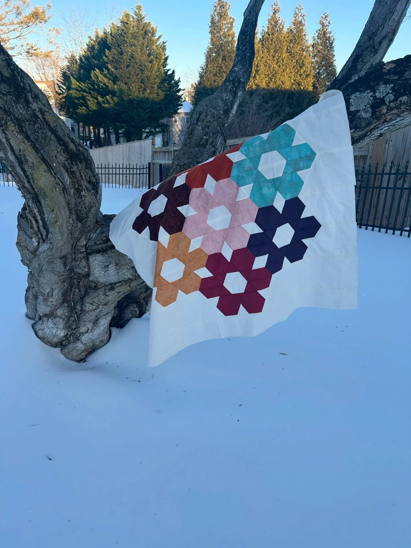 Hello quilt top in the snow!! ❄️ This was really fun to make and I was intrigued by the ruler to cut the pieces, it is called Hexie ruler, a very clever design by @sewmariana 

Gracias por la regla Mariana 😍 Thanks for the ruler!! 

This is my Janua
