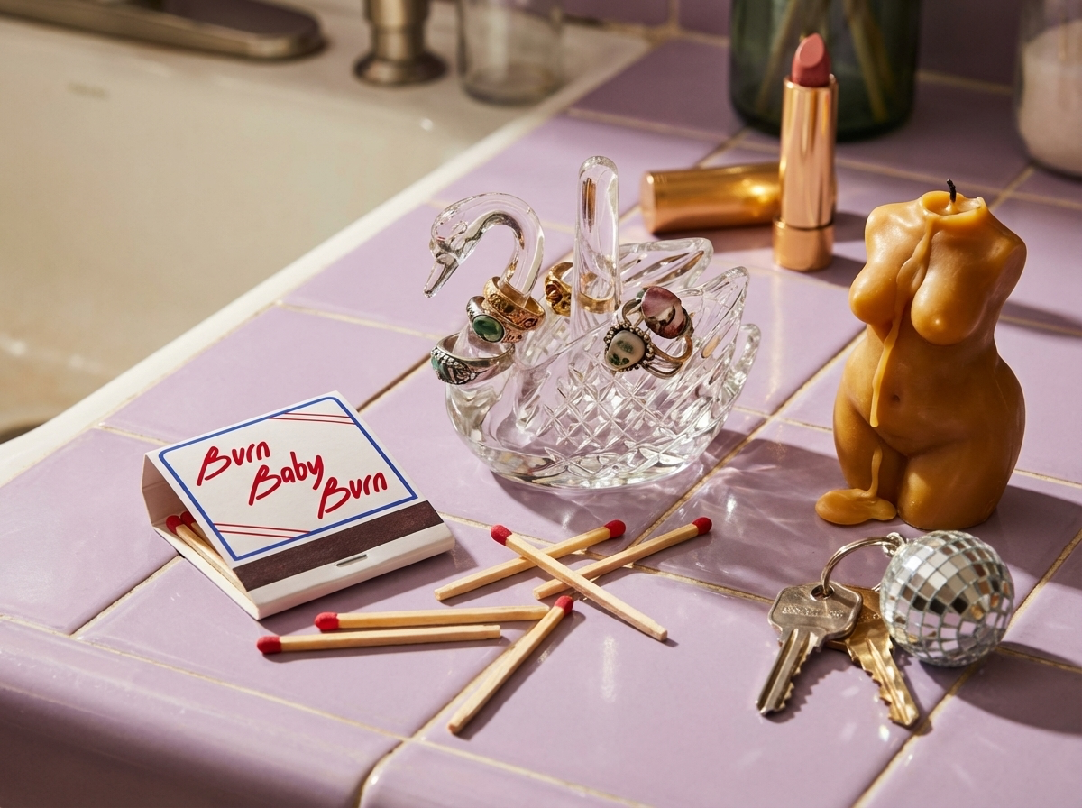 a pack of matches that say burn baby burn on the outside, next to a crystal swan ring holder, a candle of a women's voluptuous turso, and a set of keys with a disco ball keychain, all sat atop a lavender tile counter