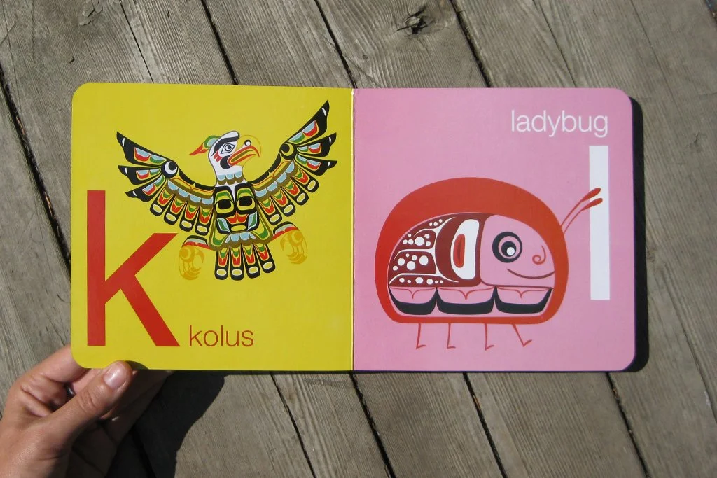 Alphabet book showing letter K for Kolus and letter L for ladybug