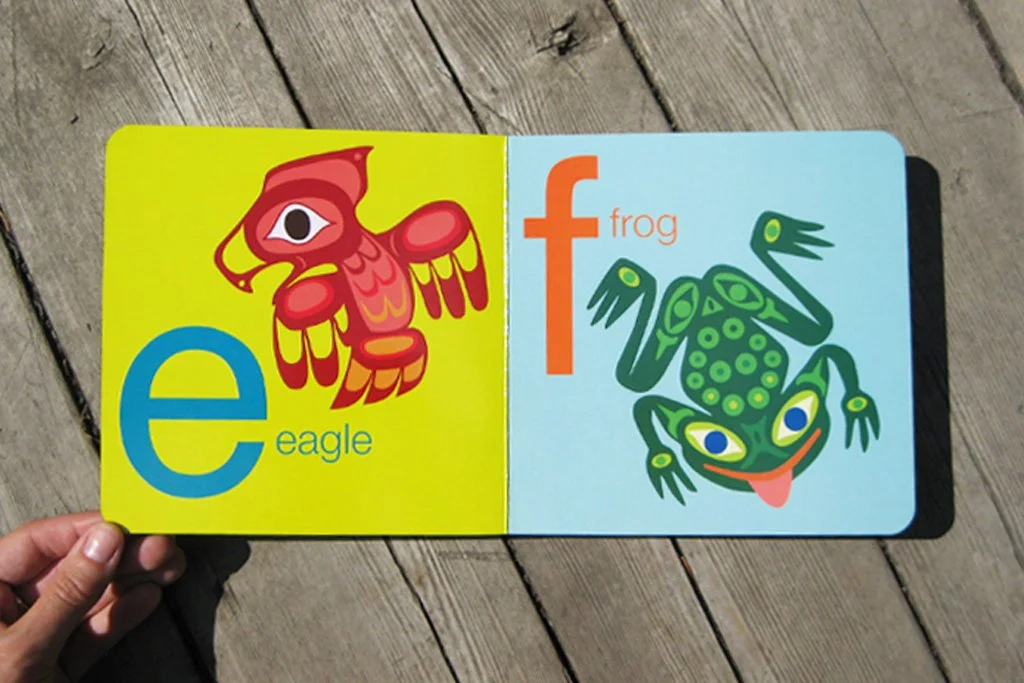 Alphabet book with first nations art showing letter E for Eagle and letter F for frog
