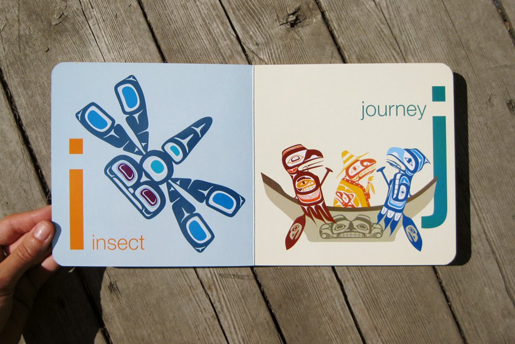 Alphabet book showing letter I for insect and letter J for journey