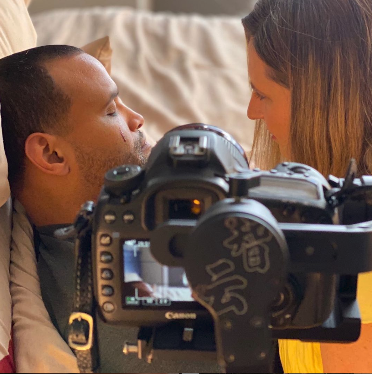 Teresa Hunt on set of Shackles of Love with Lou Acosta