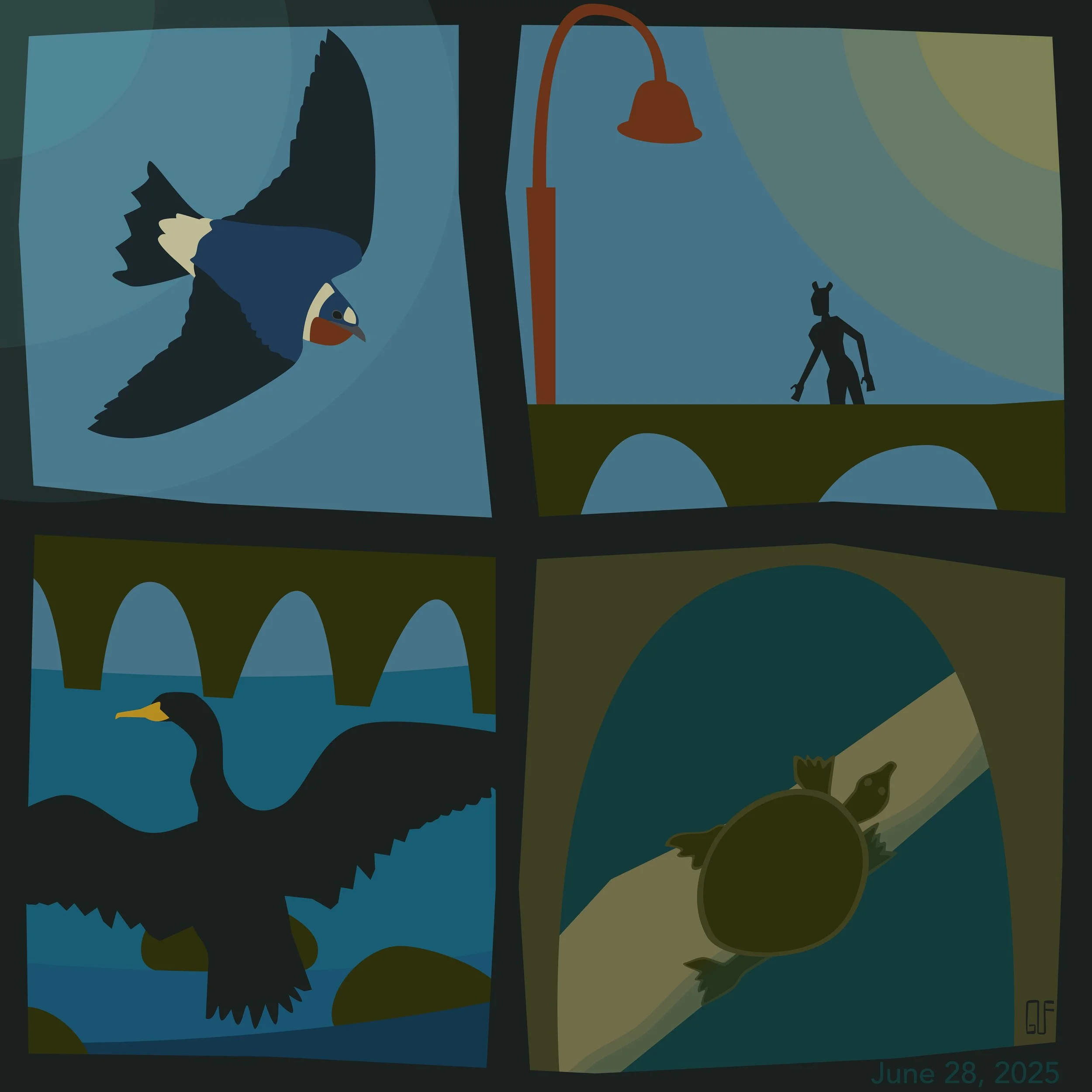 Softshell Turtle, Cliff Swallow and Cormorant at Stonearch Bridge