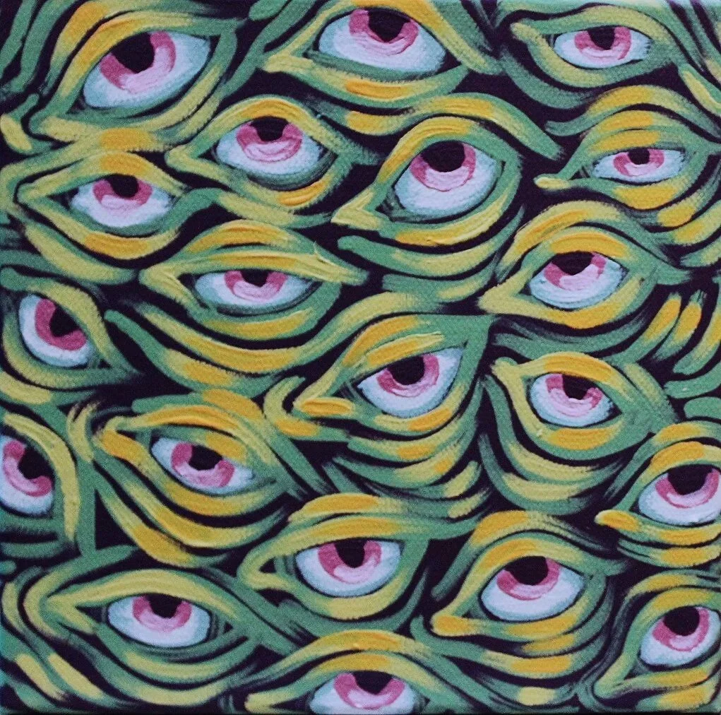 An abstract pattern of multiple stylized eyes with pink irises and black pupils, outlined with green and yellow lines, on a black background.