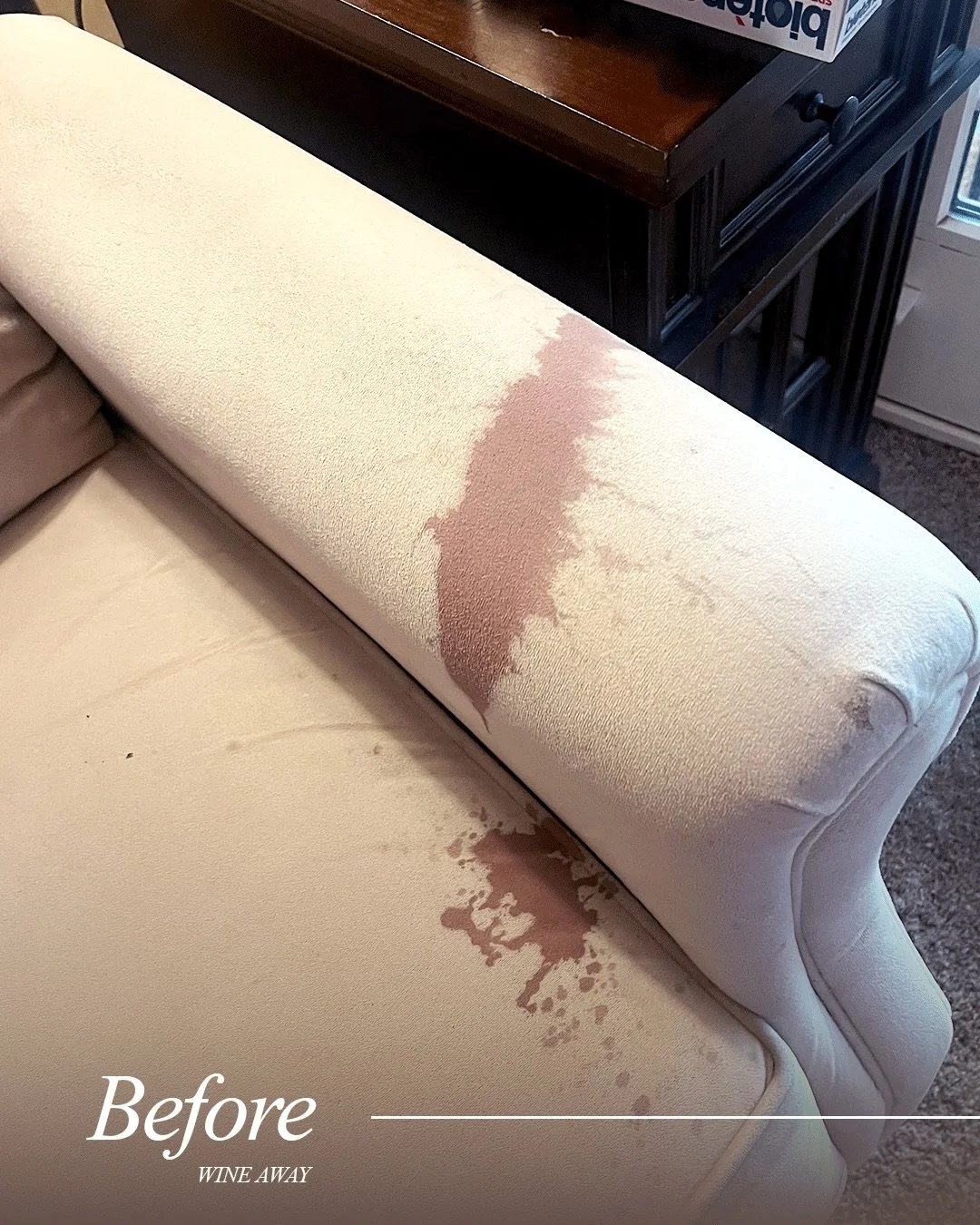 A review from an incredible customer of ours ✨ &ldquo;So&hellip; last week when I was enjoying a glass of red in my favorite OFFWHITE recliner, I reached back to unplug my phone from its charger and the cord knocked over the glass , spilling it over 