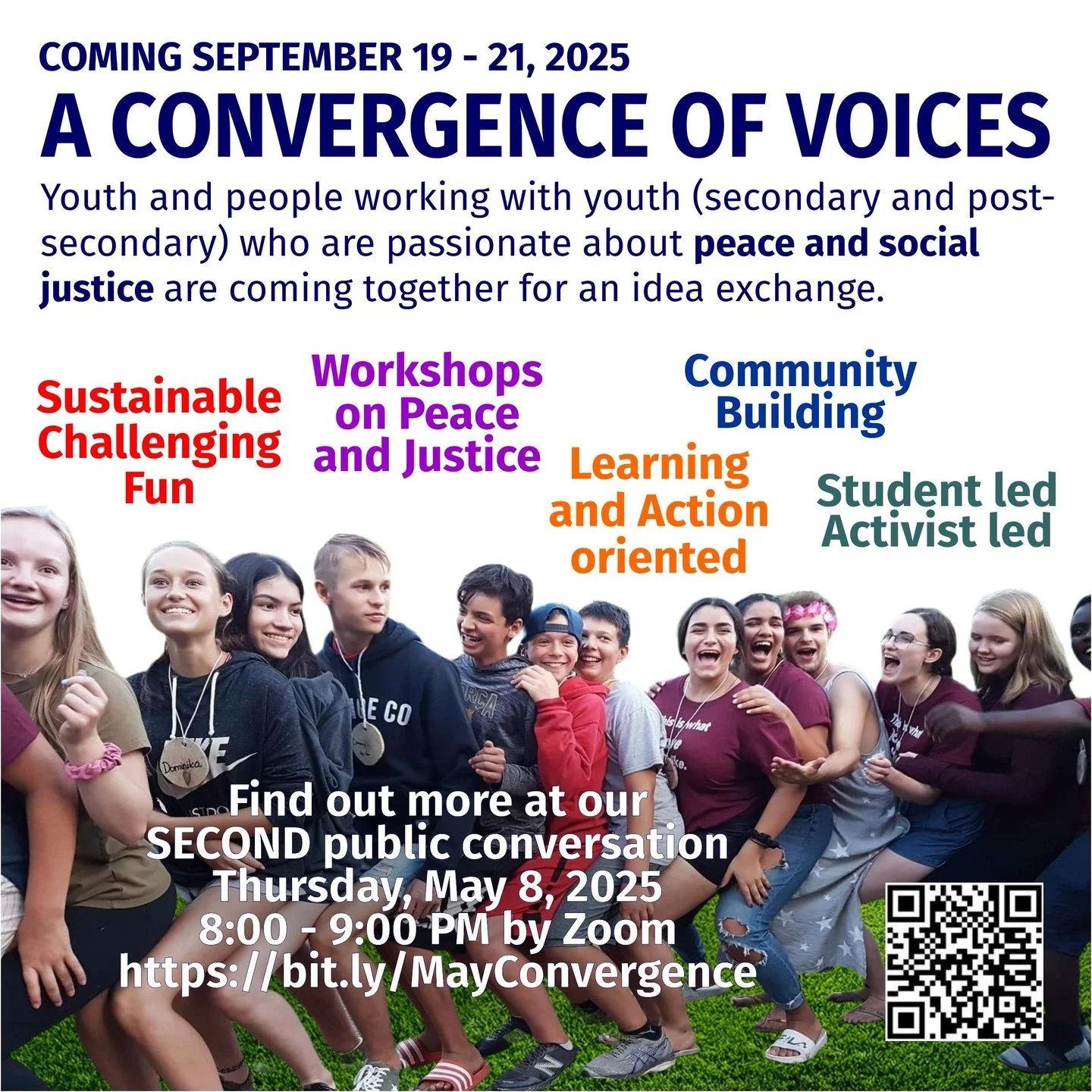 Are you a youth (14-30) or someone working with youth (secondary and post-secondary) who is passionate about peace and social justice?
Join us for an idea exchange: A Convergence of Voices! It's happening September 19-21, 2025. It will be a weekend o