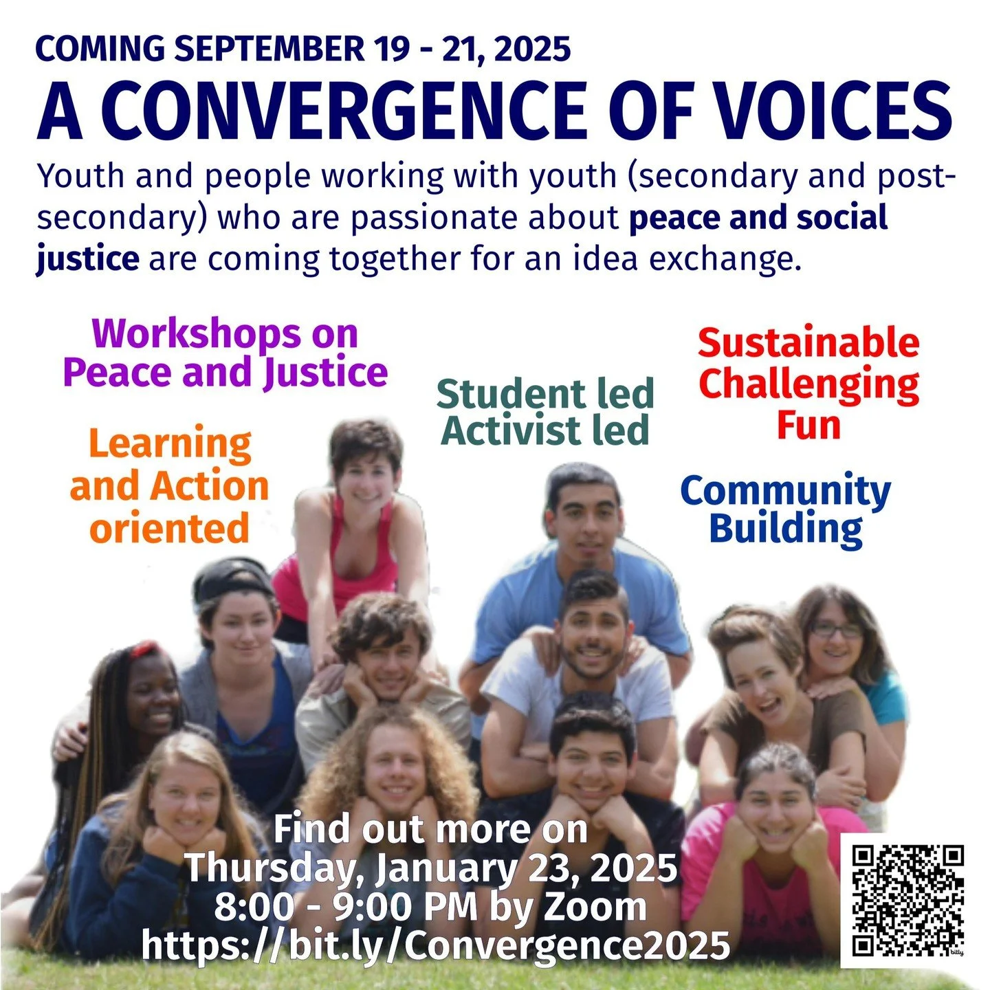 Are you a youth (14-30) or someone working with youth (secondary and post-secondary) who is passionate about peace and social justice?
Join us for an idea exchange: A Convergence of Voices! It's happening September 19-21, 2025. It will be a weekend o