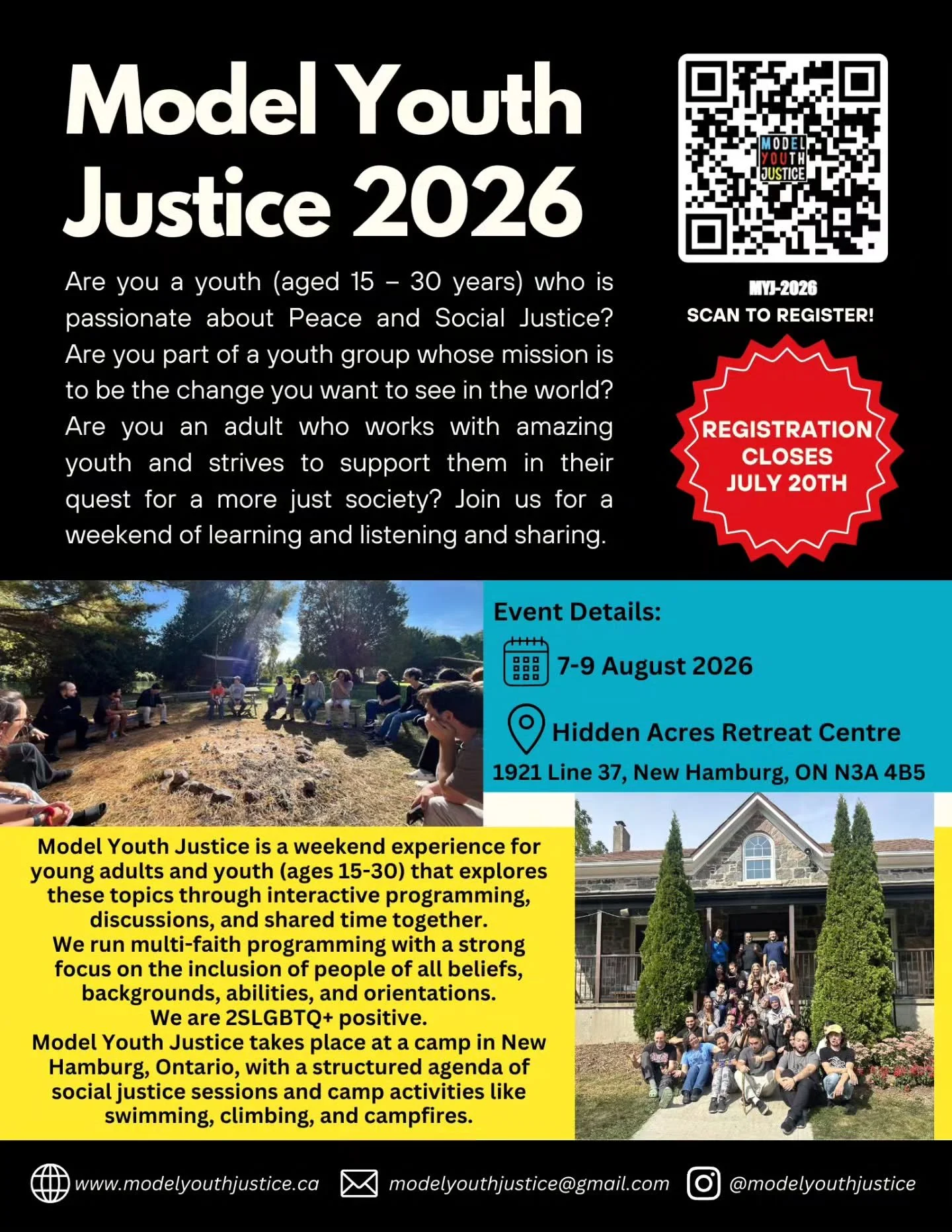 Registration for Model Youth Justice closes on JULY 20TH!!! If you want to spend a weekend diving deeper into new topics of peace and justice, meet others with similar passions, and have fun together, sign up now!! We are looking forward to a fantast