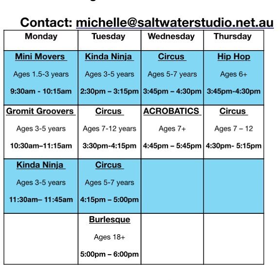 Have you seen this terms timetable? Some slight changes, including a NEW circus class Wednesday 3:45pm 🤩 AND Monday Kinda Ninjas is BACK! 🙌🏼 11:30am, spaces for these new classes still available so book now online! 

#aireysinlet #surfcoast #surco