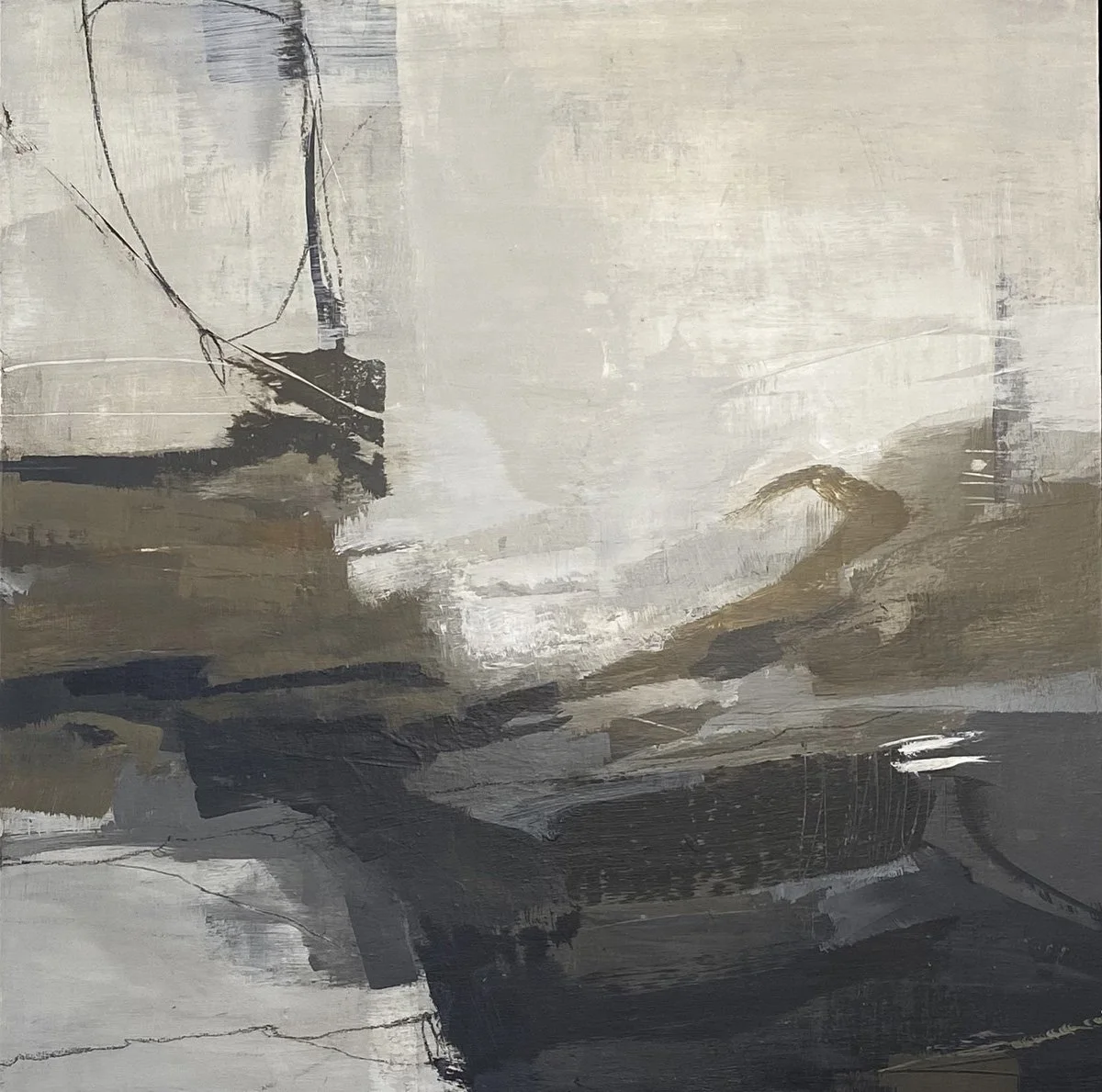 Abstract painting with shades of gray, beige, and black, featuring a sailboat in a minimalist style.