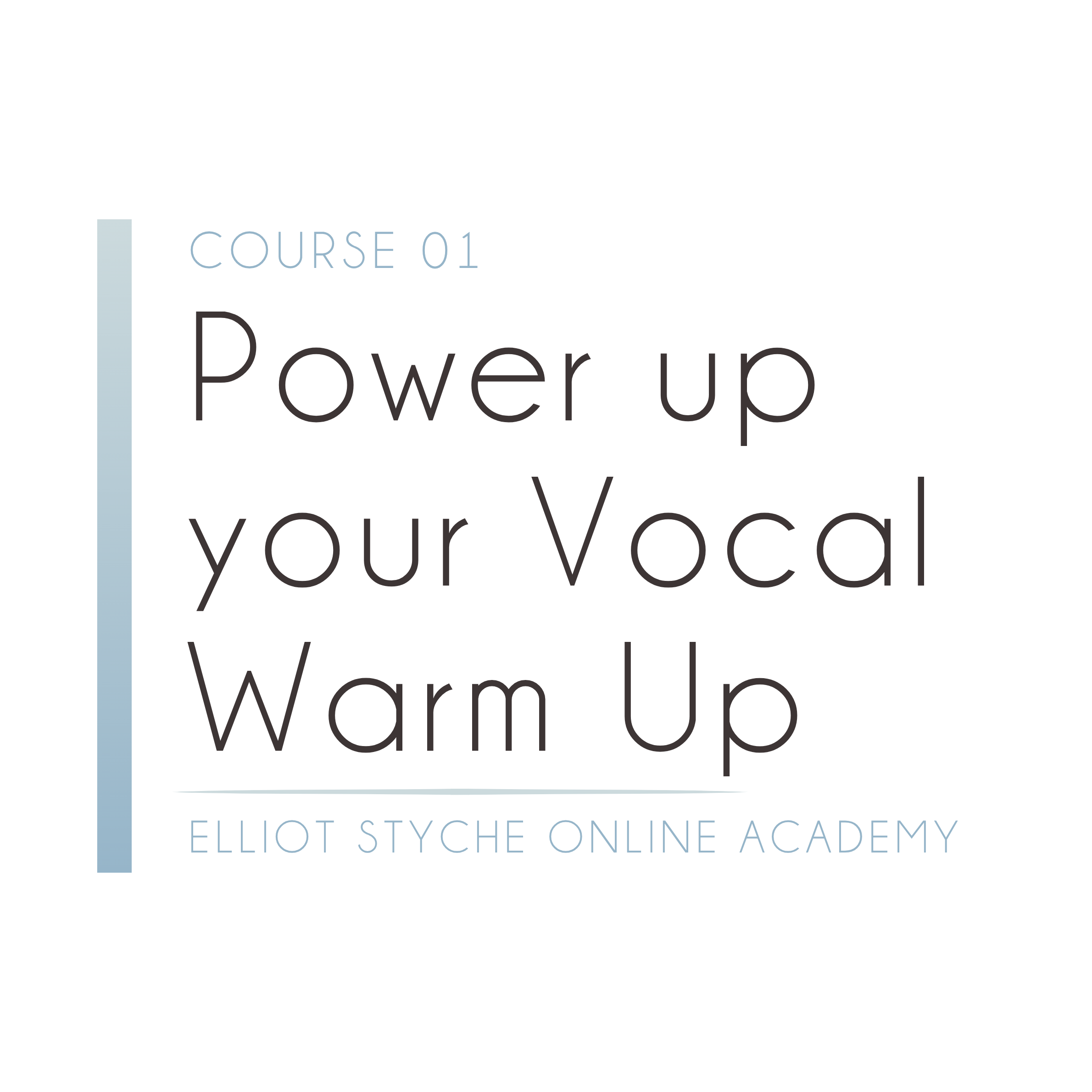 Text on a digital screen includes phrases 'COURSE 01', 'Power up', and 'your VC' in varying fonts and sizes, with a light blue vertical stripe on the left side and additional smaller text below.