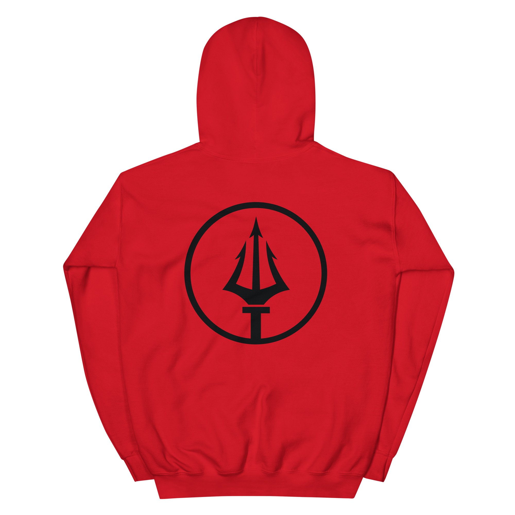 Black hoodie with large circular Trident Performance logo on back