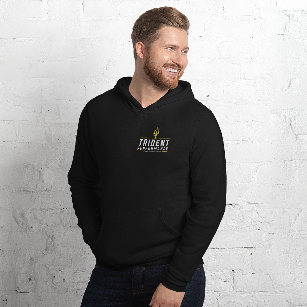 Unisex black hoodie with Trident Performance logo printed on left chest