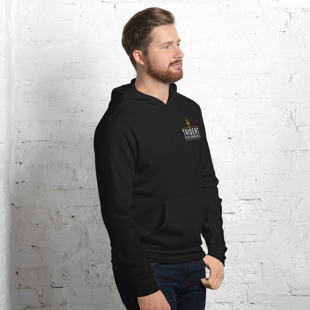 Unisex black hoodie with Trident Performance logo printed on left chest