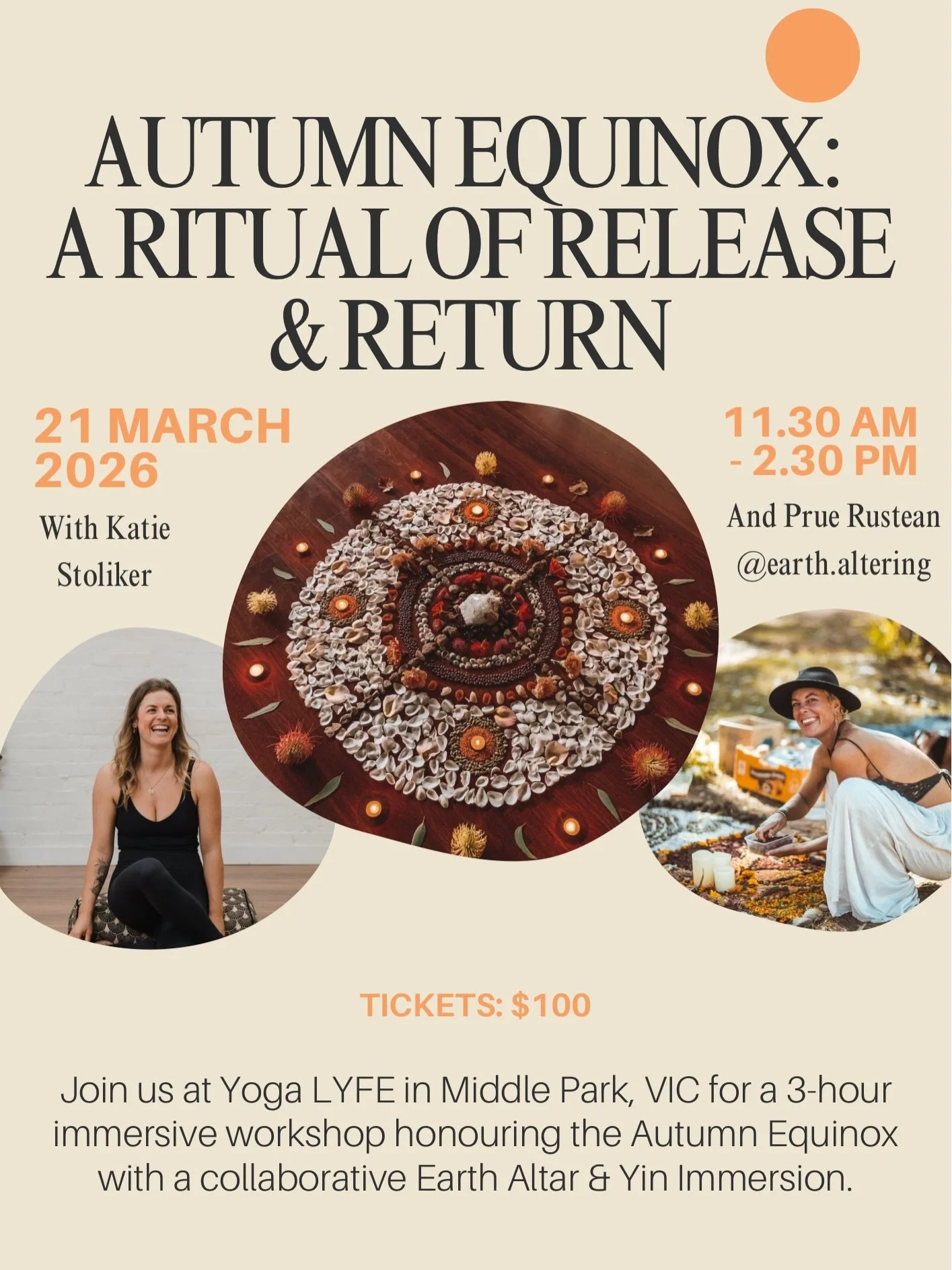 Join @katie.stoliker and Prue from @earthaltering in Melbourne for a 3-hour immersive workshop honouring the Autumn Equinox - a seasonal turning point inviting reflection, release and deeper rest.

Date: Saturday 21 March
Time: 11.30am - 2.30pm
Locat