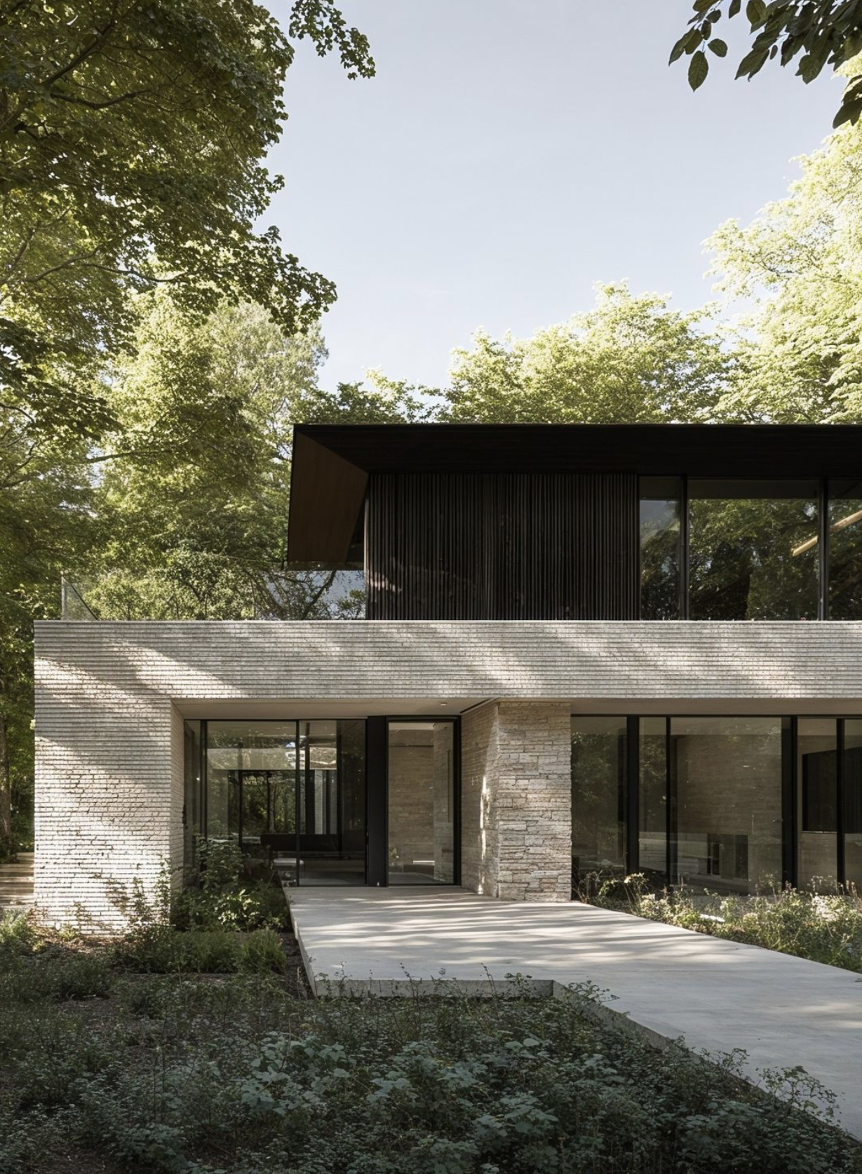 Modern house with large glass windows and a flat roof, surrounded by trees and greenery, with a concrete driveway leading to the entrance.