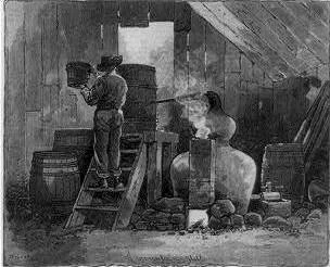 Illustration in the August 23, 1879 edition of Harper's Weekly showing a moonshiner and his still in North Carolina. Part of a larger composite entitled "Law and Moonshine – Crooked Whiskey in Western North Carolina." - wikimedia commons