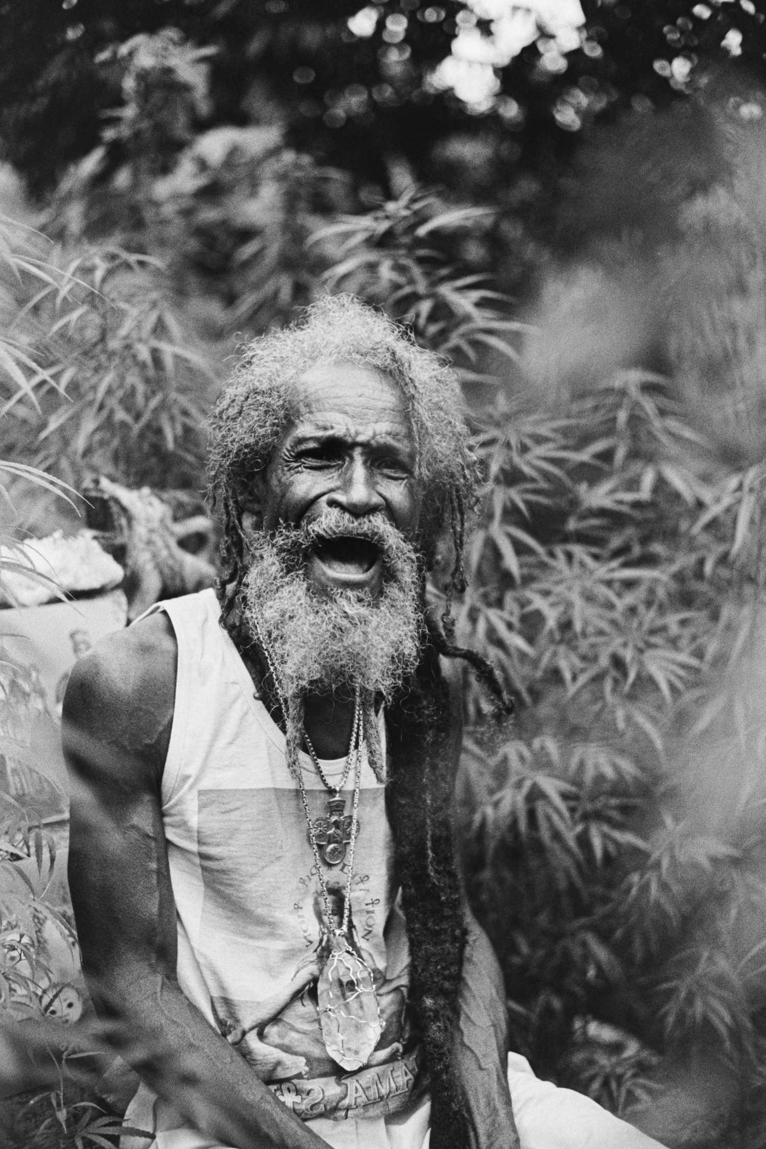 Maji says a prayer while seated on his "throne' located in the centre of his Cannabis grow.