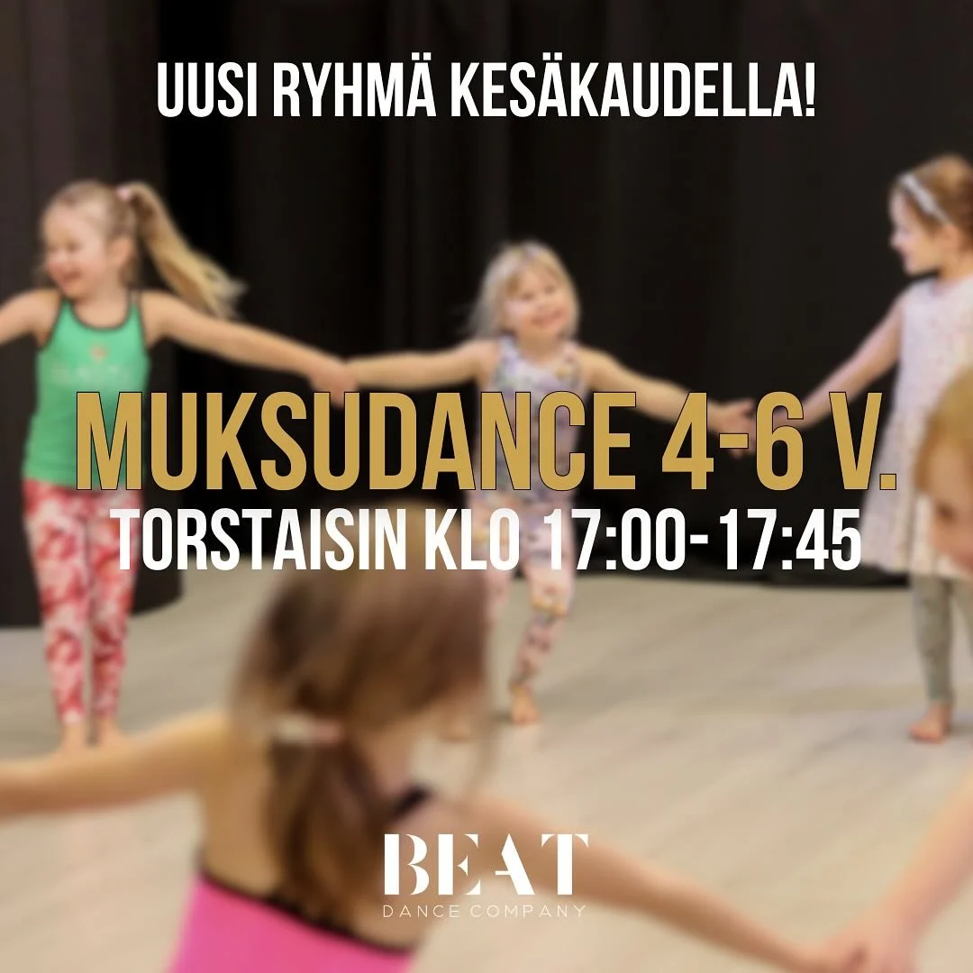 Uusi MuksuDance 4&ndash;6 v. kurssi kes&auml;ll&auml;!🐝

Kes&auml;kauden aikatauluun on lis&auml;tty uusi tunti perheen pienimmille.
MuksuDance pidet&auml;&auml;n torstaisin klo 17:00&ndash;17:45 
Nelj&auml;n viikon kes&auml;kausi tanssitaan 22.5.&n