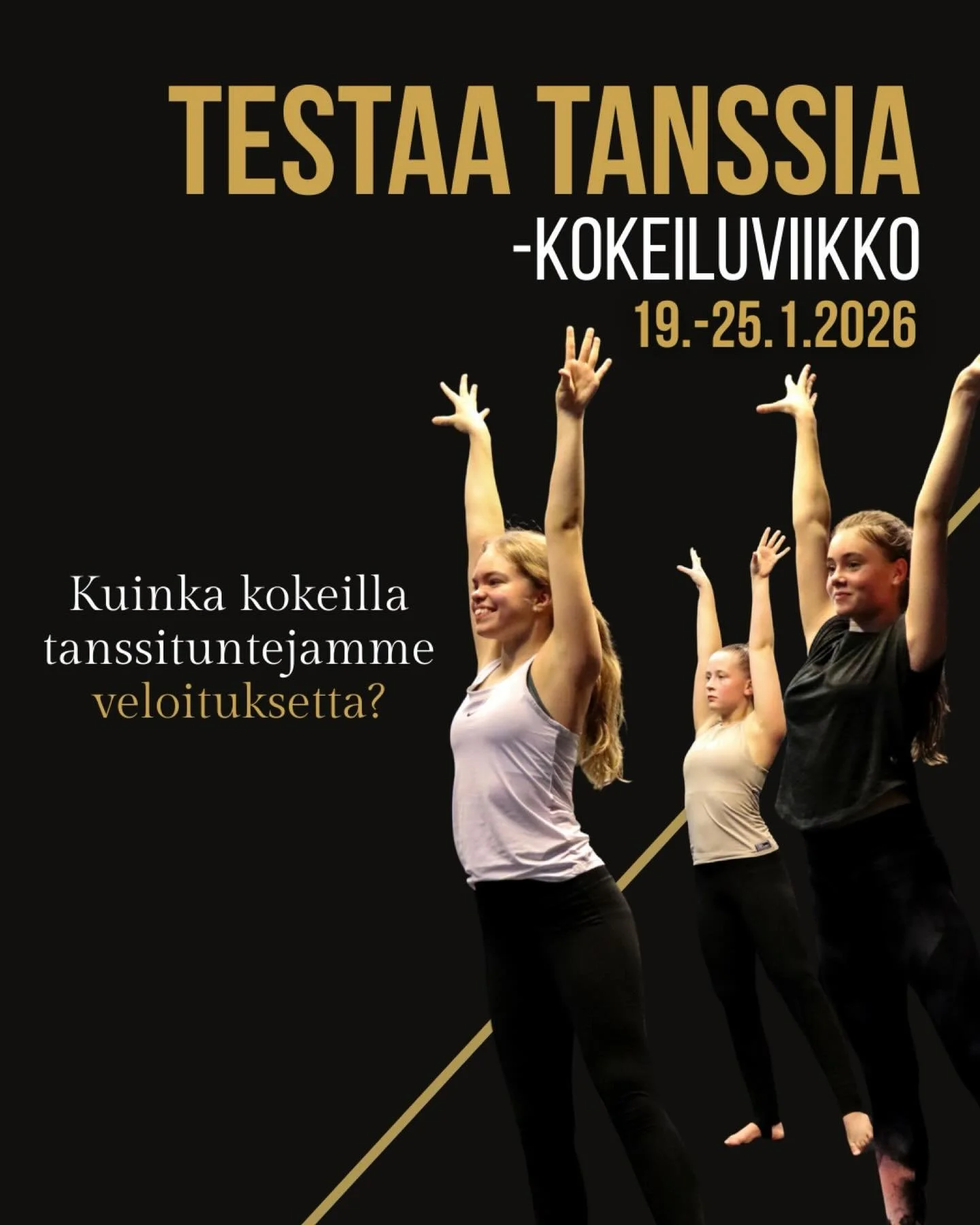 ✨𝗞𝗢𝗞𝗘𝗜𝗟𝗨𝗩𝗜𝗜𝗞𝗞𝗢 ✨

Tiesitk&ouml;, ett&auml; kev&auml;tkauden ensimm&auml;isell&auml; viikolla 19.-25.1. voit tulla testaamaan tanssitunteja ilman sitoutumista?

Alta l&ouml;yd&auml;t ohjeet STEP-BY-STEP kokeiluviikolle ilmoittautumiseen🌟