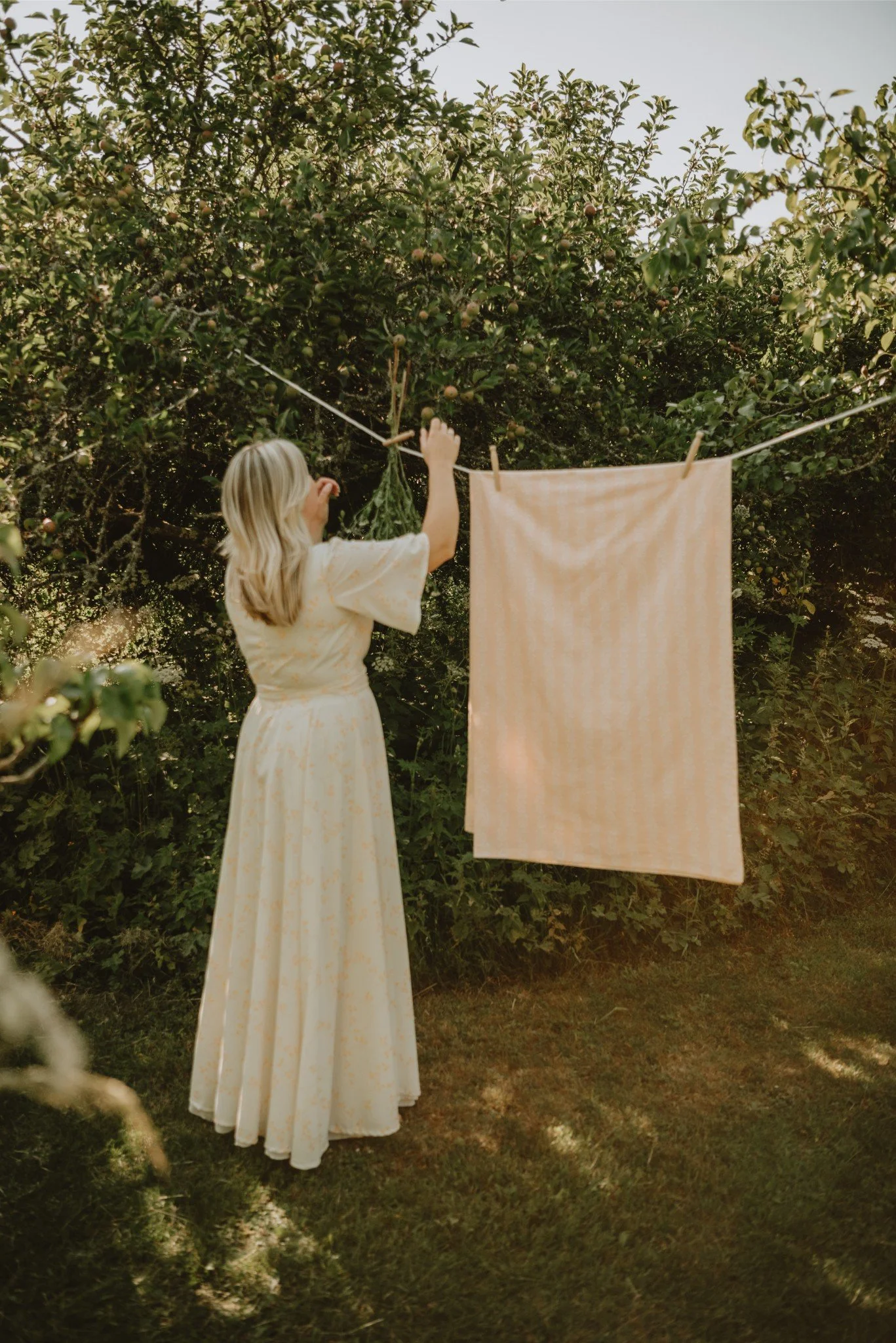 A woman hanging laundry on a clothesline in an orchard, with a towel and some greens visible.