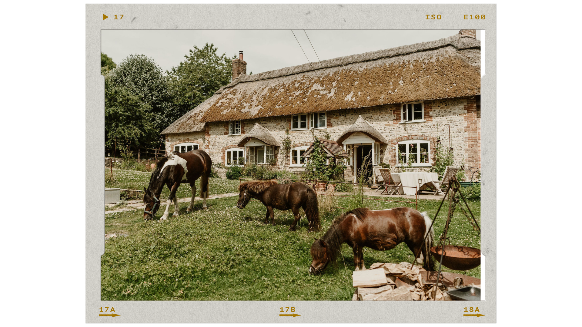 A rustic brick and stone cottage with a thatched roof, surrounded by a garden. Three horses graze on the grass in the yard, with trees and sky in the background.