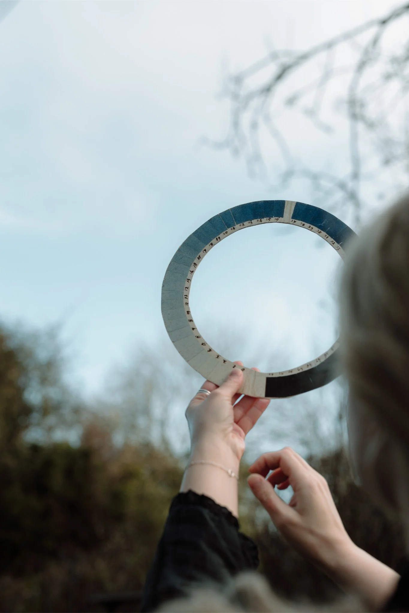 A person holding a circular object with a numbered scale outdoors, with trees and a cloudy sky in the background.