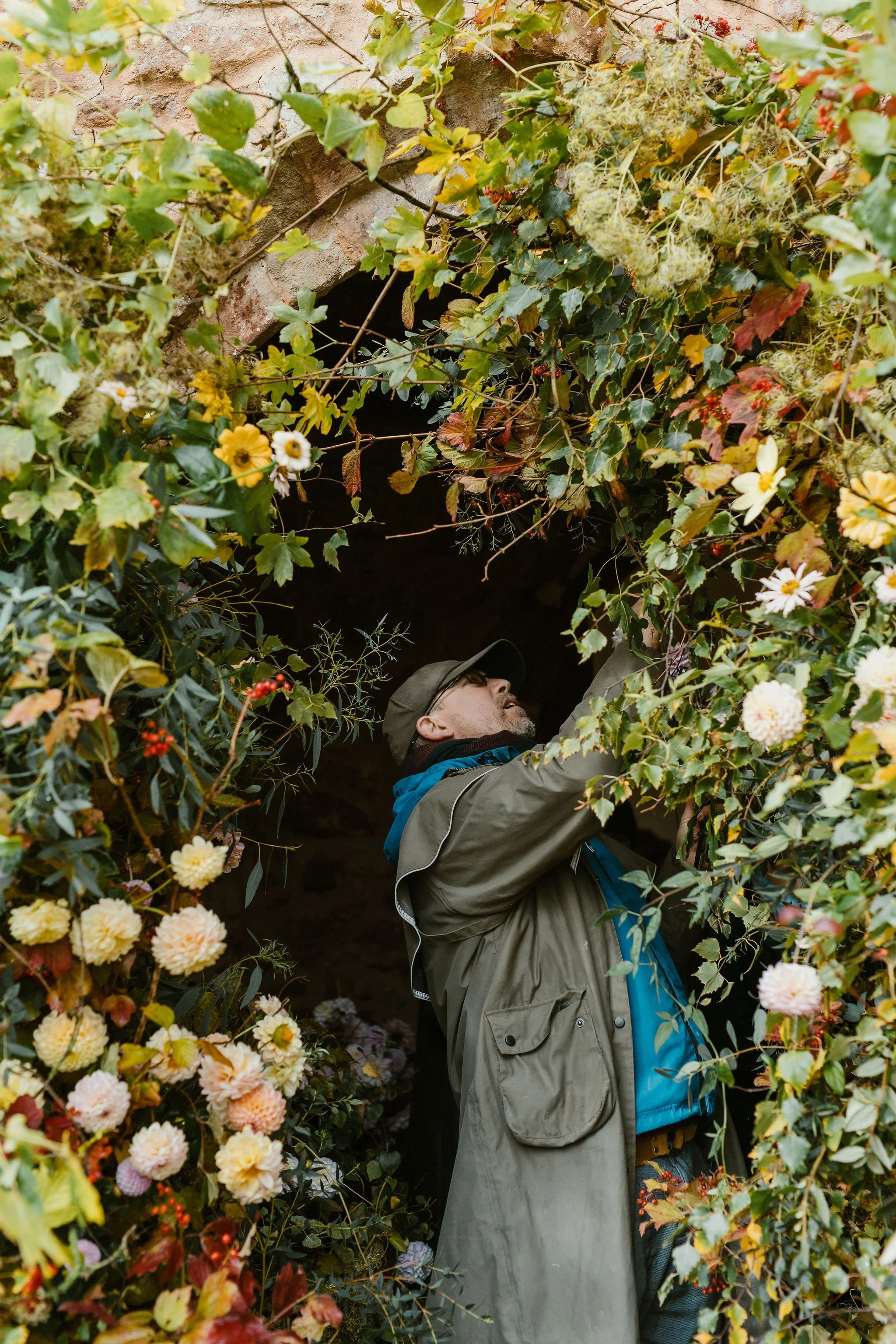 A man wearing a green jacket, blue hoodie, and cap examining or reaching into a garden archway surrounded by flowers and greenery.