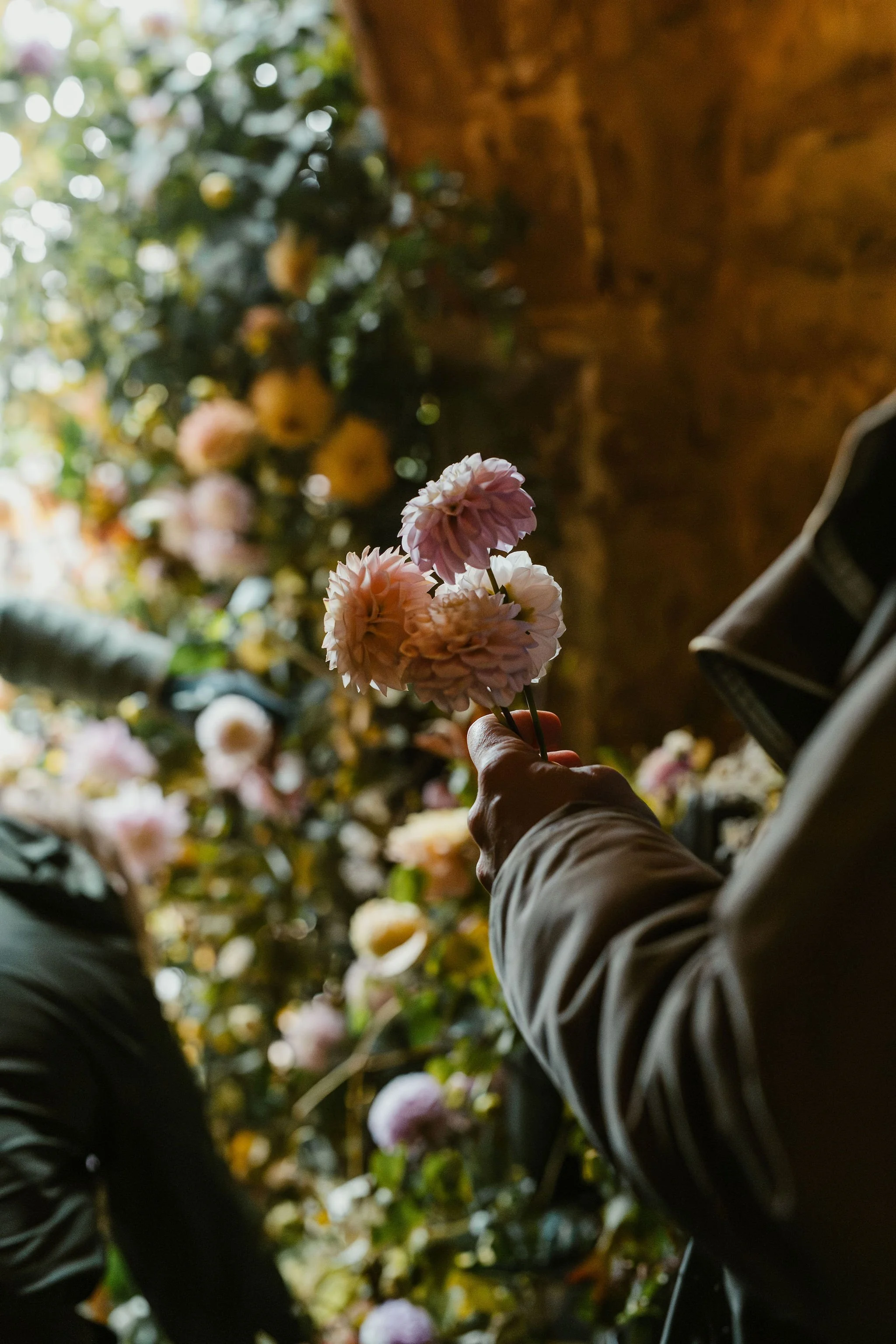 A person holding pink and white flowers in a florist shop.