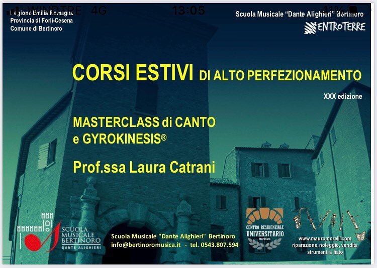 Nella stupenda, suggestiva e storica Bertinoro, nell&rsquo;entroterra romagnolo, anche quest&rsquo;anno terr&ograve; il mio CORSO di CANTO e GYROKINESIS&reg;, dal 22 al 25 agosto.
Sono aperte le iscrizioni!!
✨
per informazioni dettagliate, contattate