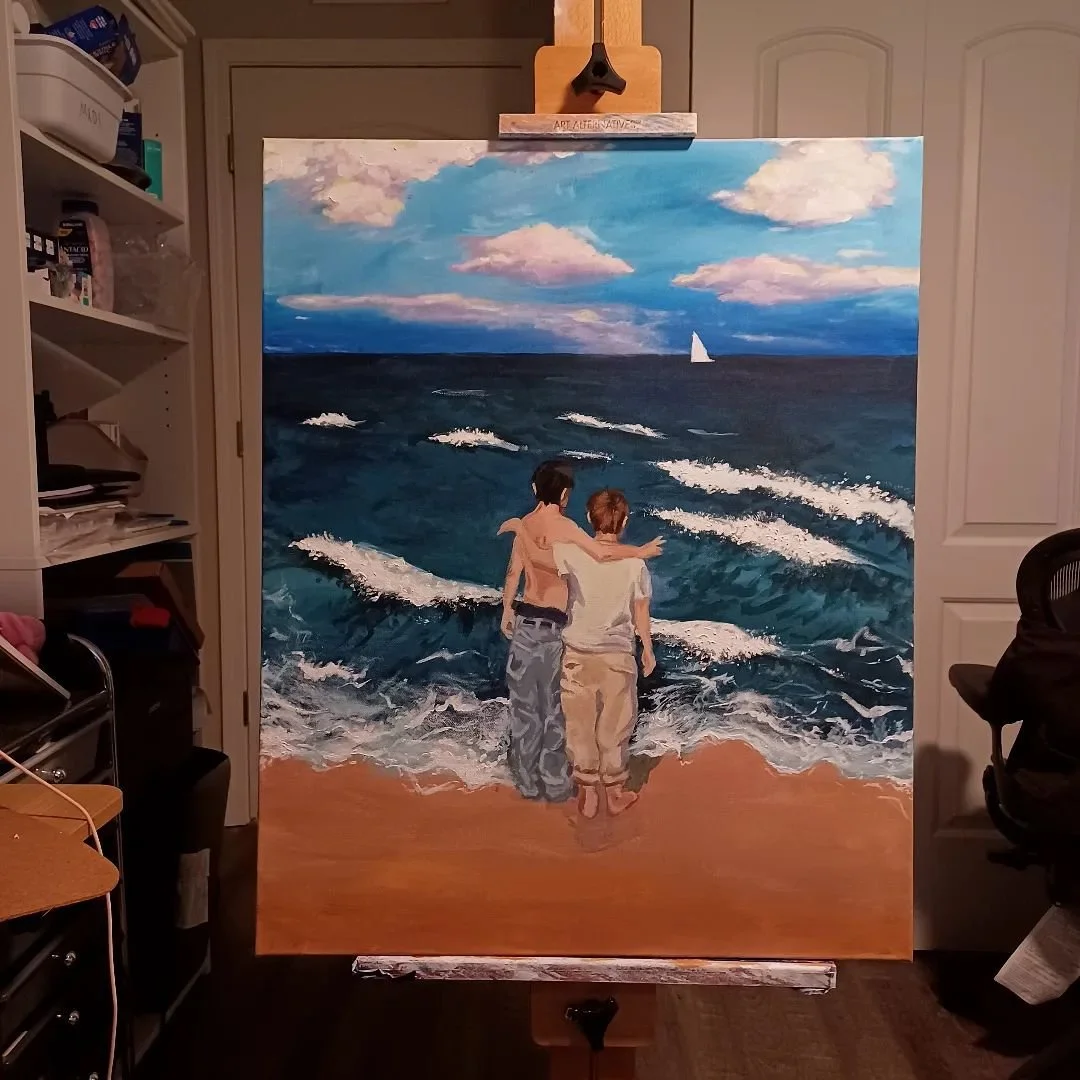 🌅✨ Progress peek! Two boys gazing off at the ocean, waves rolling in, clouds drifting, and a tiny sailboat catching the breeze. 🌊 I’ve been loving the process of adding texture to the waves and clouds—and I couldn’t resist a dash