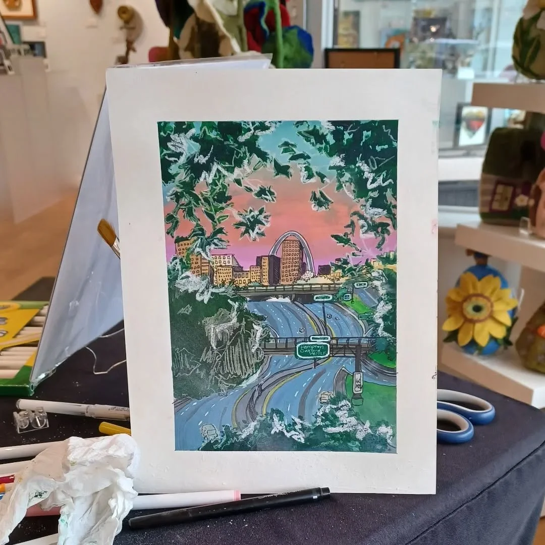 Finally finished! I added some finishing touches with ink and chalk. What do you think? 
"St. Louis Sunset" guache, watercolor, ink, and chalk ~ 8.5 x 11
Stop by Artisans in the Loop! We've got a warm store, art, ornaments, and more!😄
#