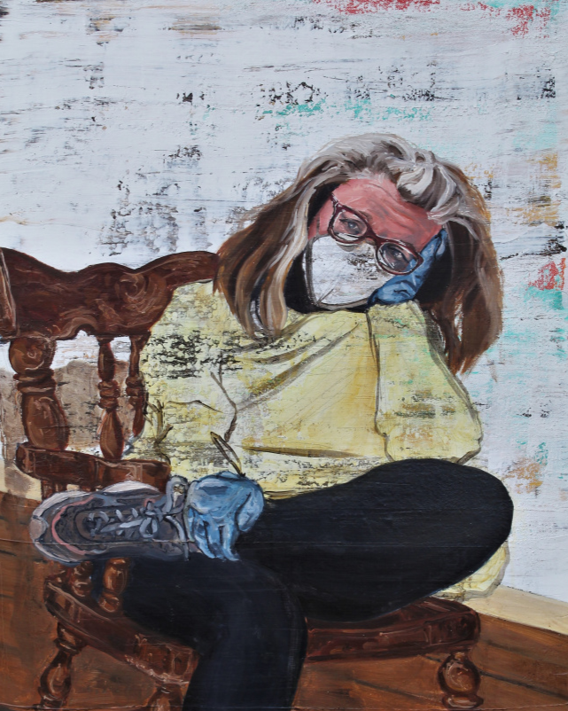A painted portrait of a woman with gray hair, glasses, and a face mask, sitting on a wooden chair with a worn wall background.