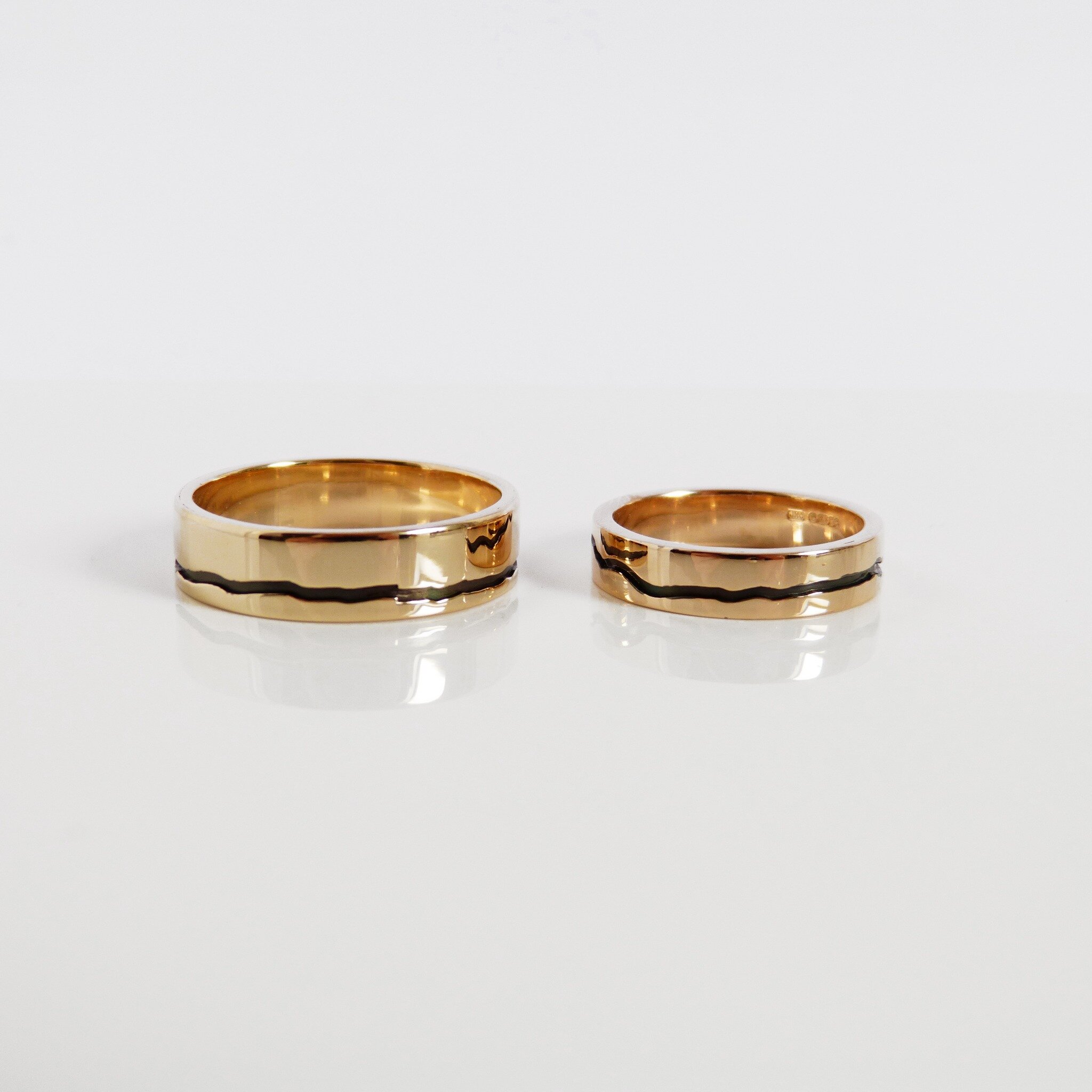 These beautiful gold wedding rings feature the mountains of the Cuillin on Skye. A place that is very special to the couple, so it was only fitting to have it on their wedding rings. Her ring was made with gold from heirloom jewellery and his ring wa