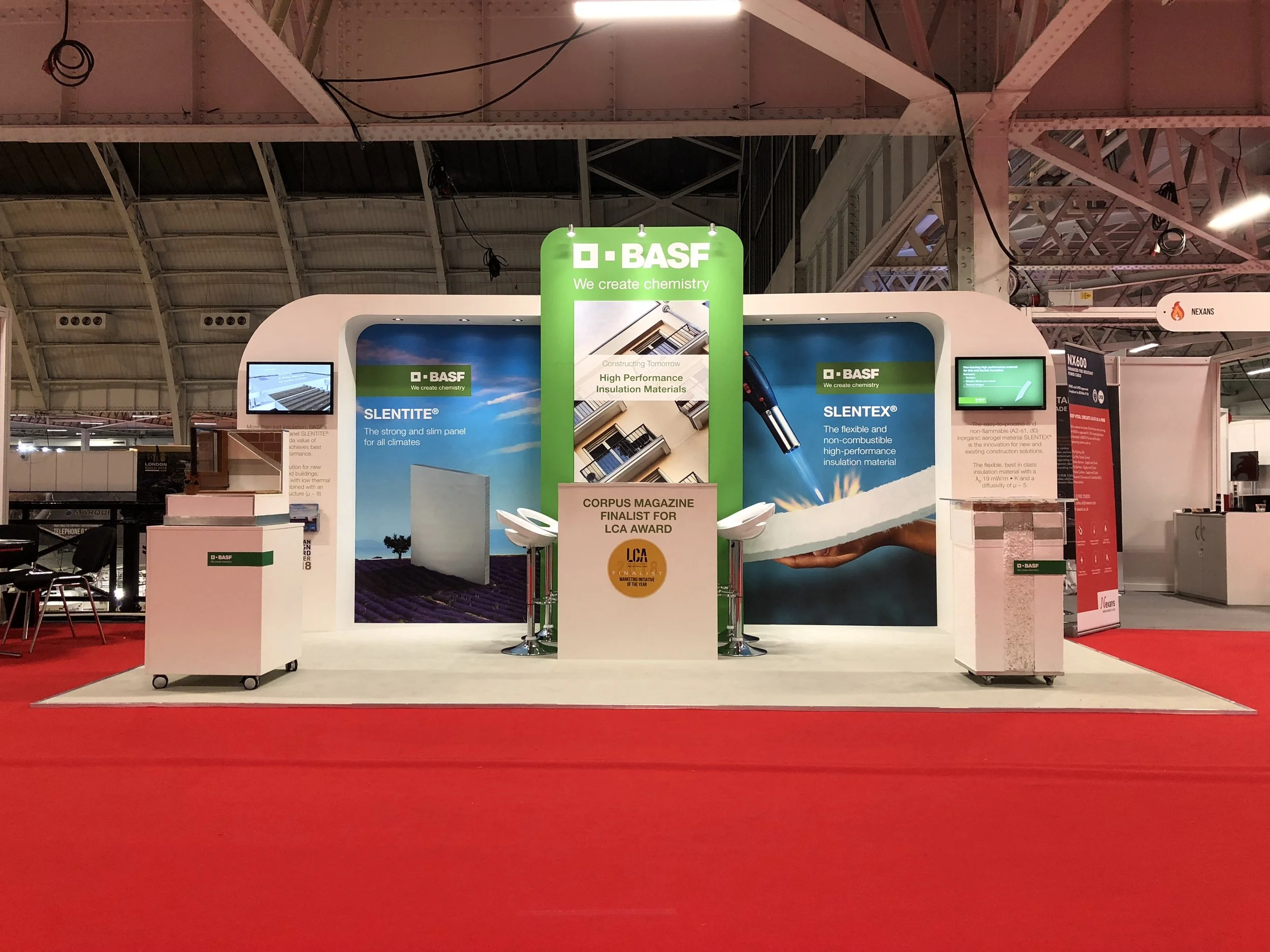 An exhibition stand for BASF in London with set construction, wall, plinths for the exhibition designer.