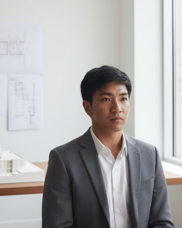 A young man in a gray suit and white shirt sitting near a window in an office.